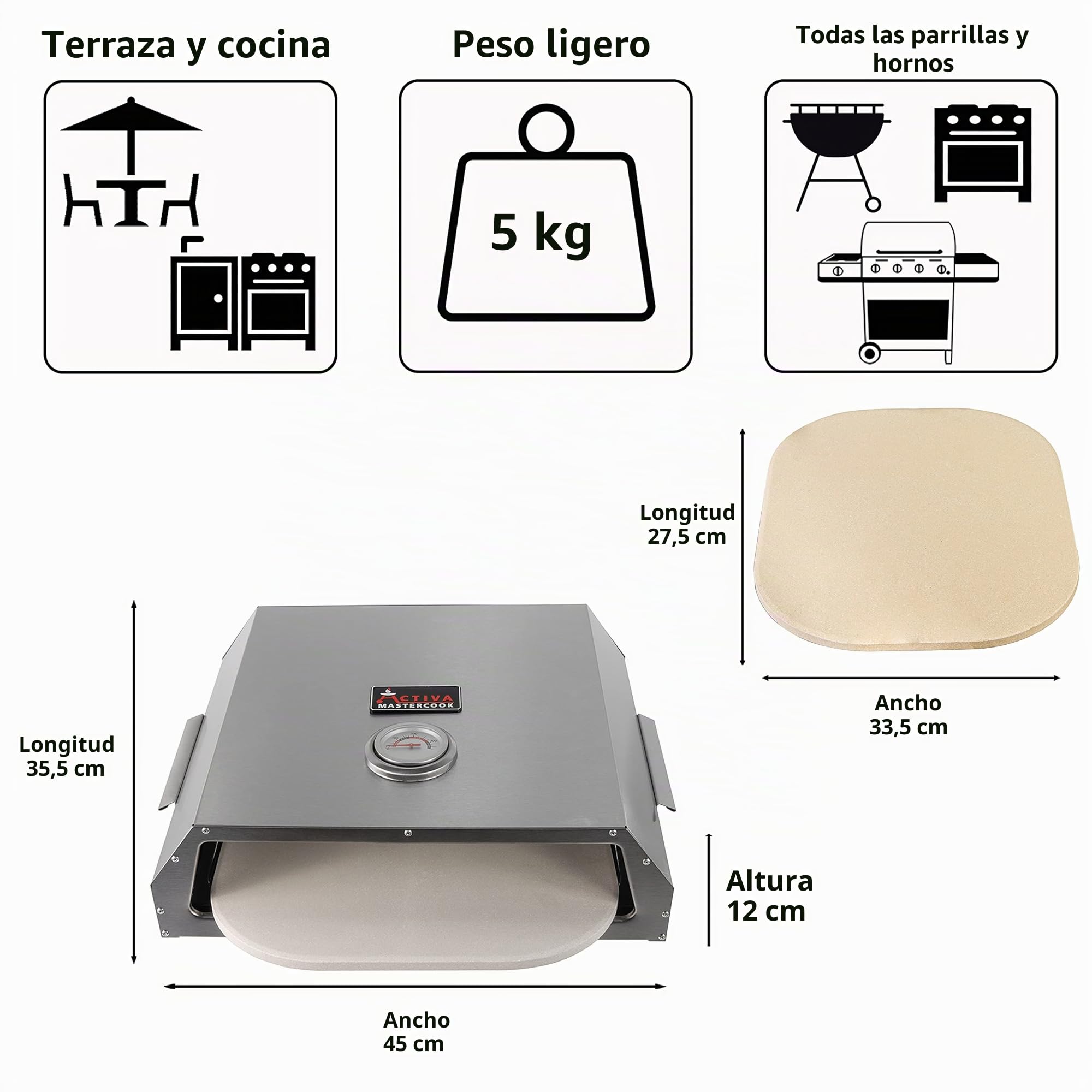 ACTIVA Pizza Box - Horno de pizza para barbacoa, con indicador de temperatura, para barbacoas de carbón vegetal y de gas, con piedra para pizza