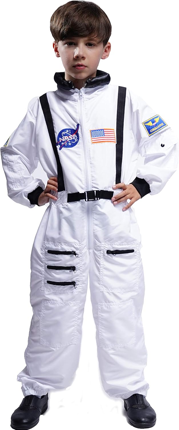 Maxim Party Supplies Kids Astronaut Costume Space Suit Onesie With Embroidered Patches And Pockets For Children, Boys, Toddlers (6/8, White) - Image 2
