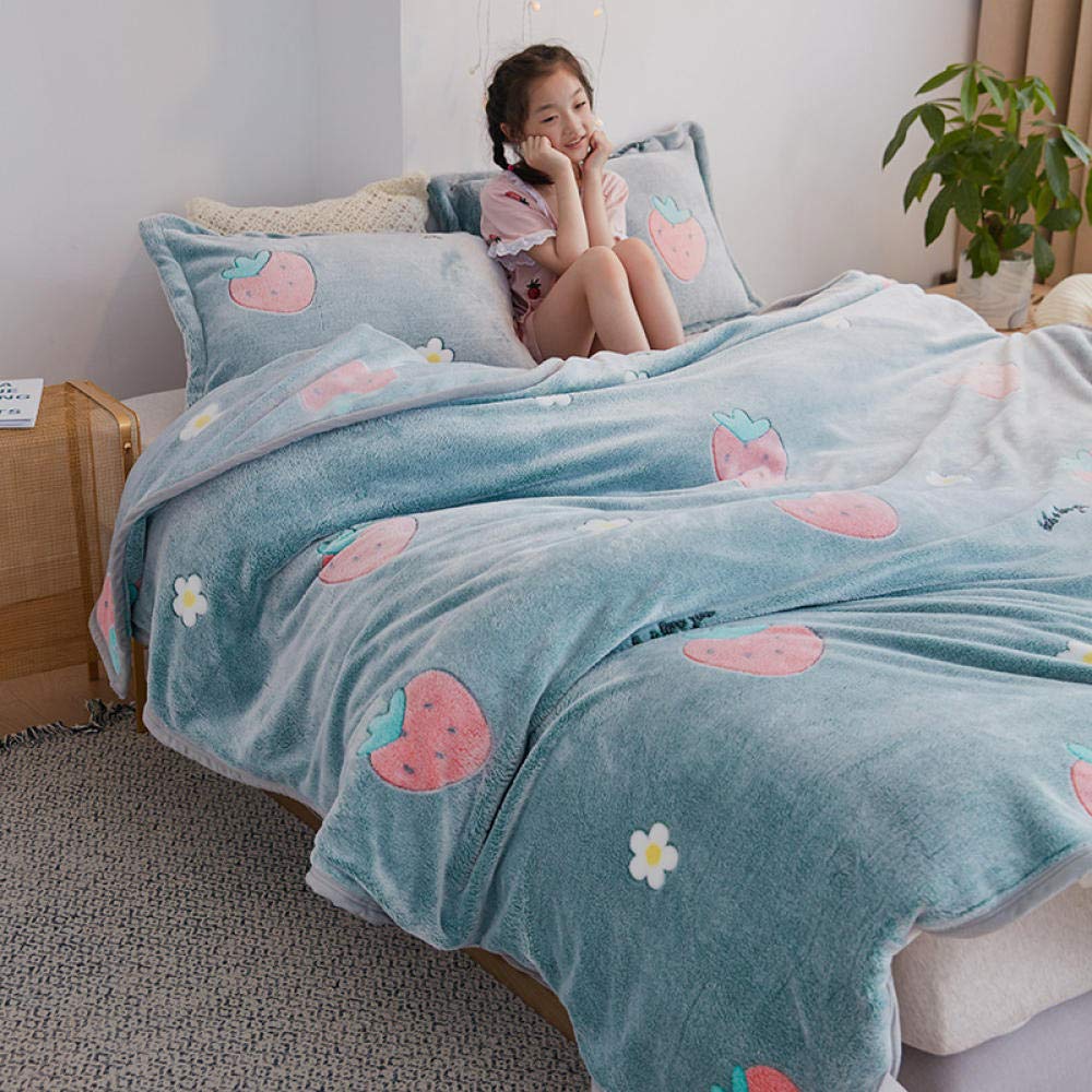 Couverture plaid en velours de corail 120x200cm vert motif fraise pour lit et canapé