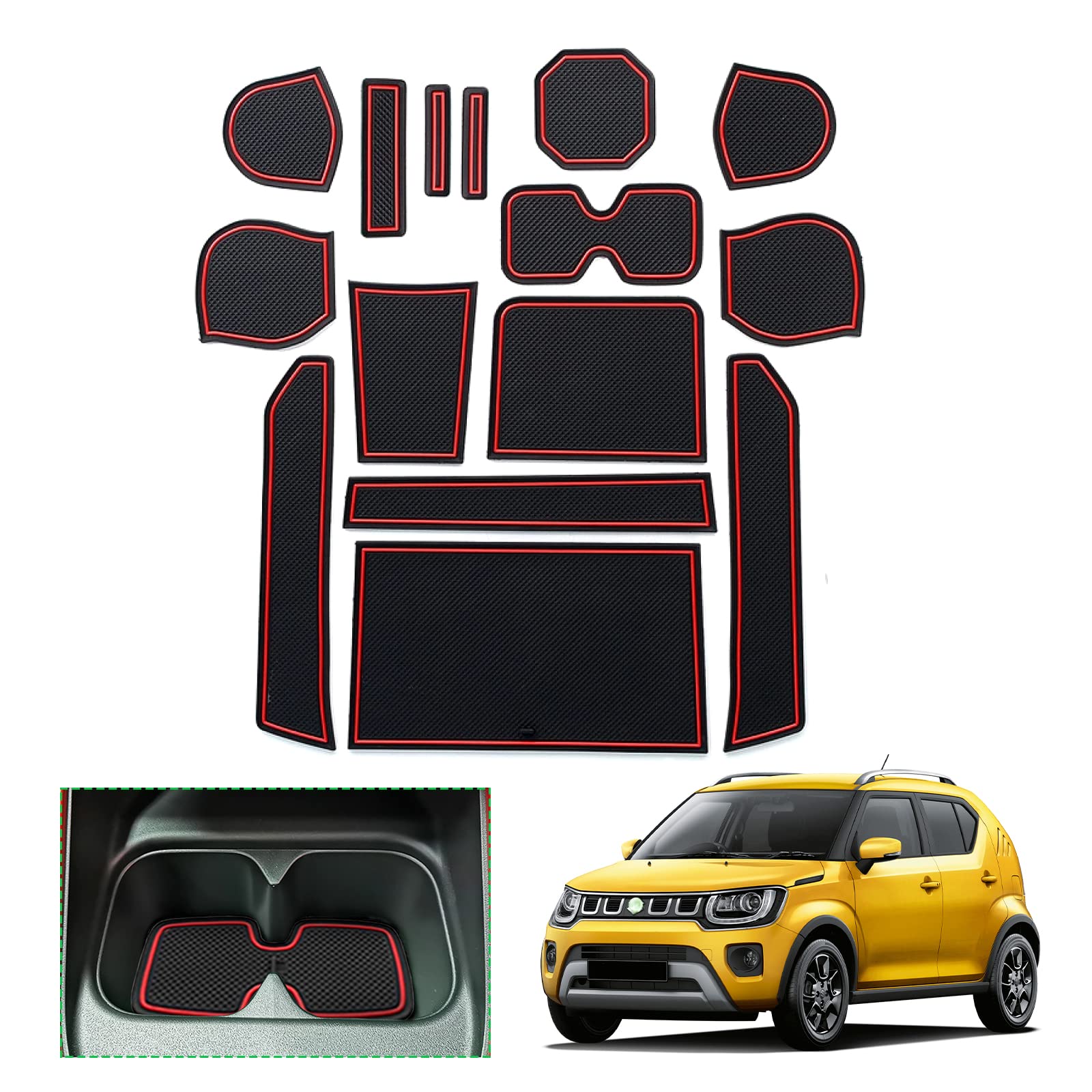 GAFAT Suzuki Ignis 2017-2024 2025 Tappetini Antiscivolo Console Centrale, Ignis 2025 Tappetino in Gomma, Portabicchiere, Contenitore Antiscivolo, Cuciture per Portiera, Suzuki Ignis Accessori (Rosso)