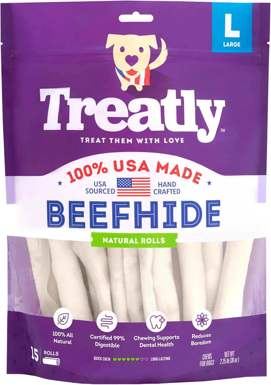 USA Beefhide Rolls 8-9" Dog Chew Treats - Natural Flavor, 15 Count/1 Pack