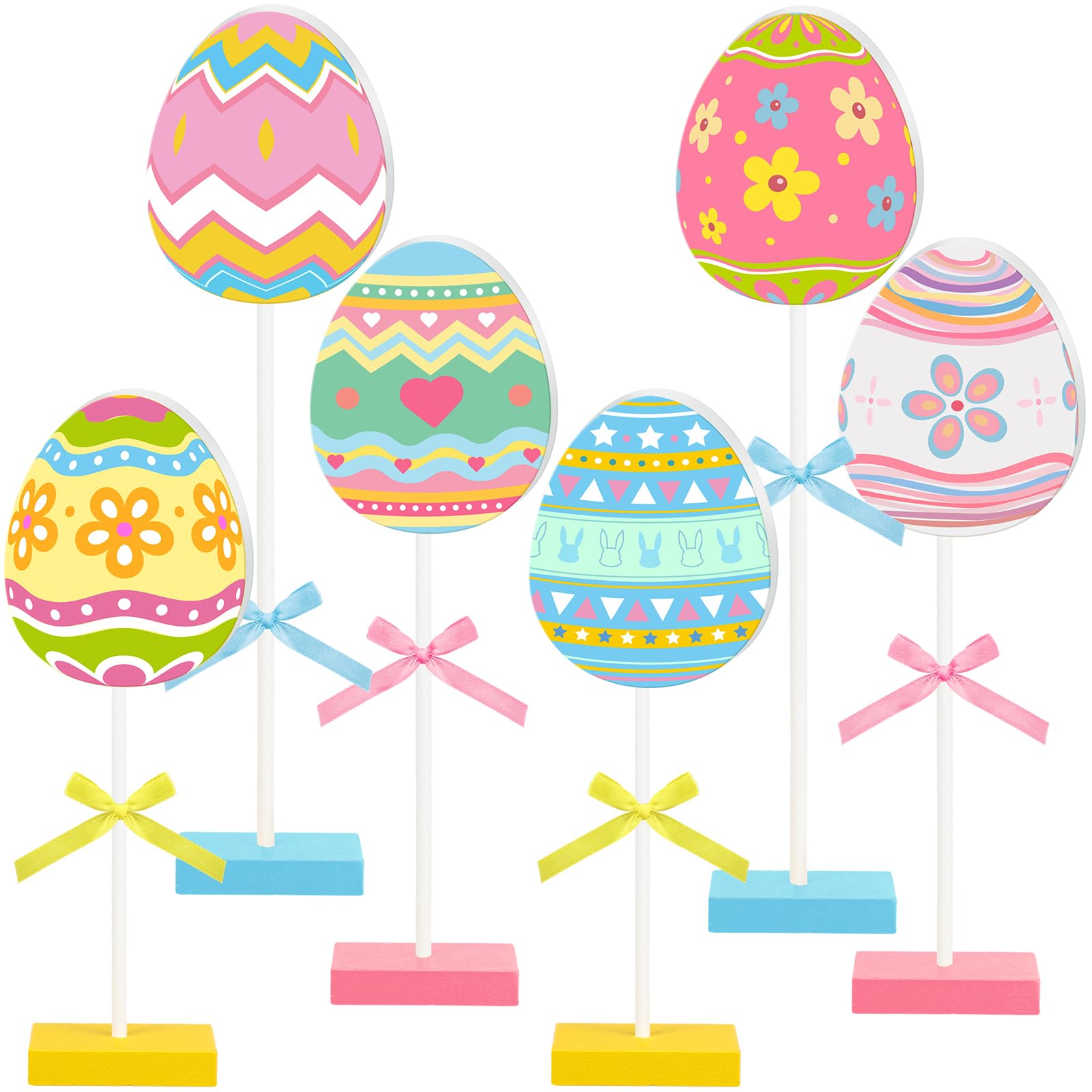 Briwooody 6 Pcs Easter Table Decorations Eggs Wooden Sign Set Spring Tall Standing Sign Colorful Table Centerpiece Bunny Floral Pattern Tabletop Decor for Spring Party Easter Decorations Home