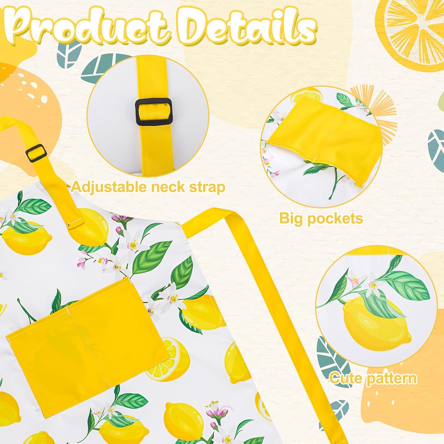 3 Pcs Lemon Kids Aprons with Pockets, Adjustable Lemonade Apron image 3