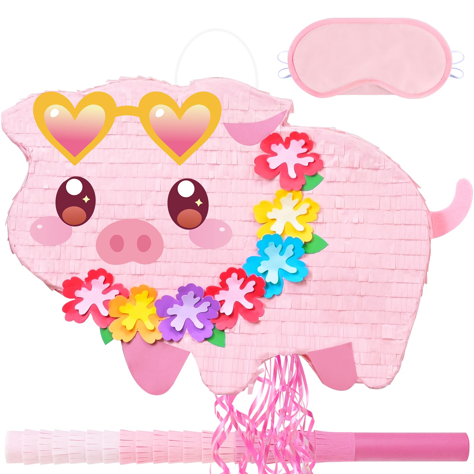 WERNNSAI Luau Pig Pinata - Hawaiian Tropical Party Decorations Pink Piglet Pinata with Stick and Blindfold for Hawaiian Birthday Decor Aloha Summer Pool Party Supplies — image 1