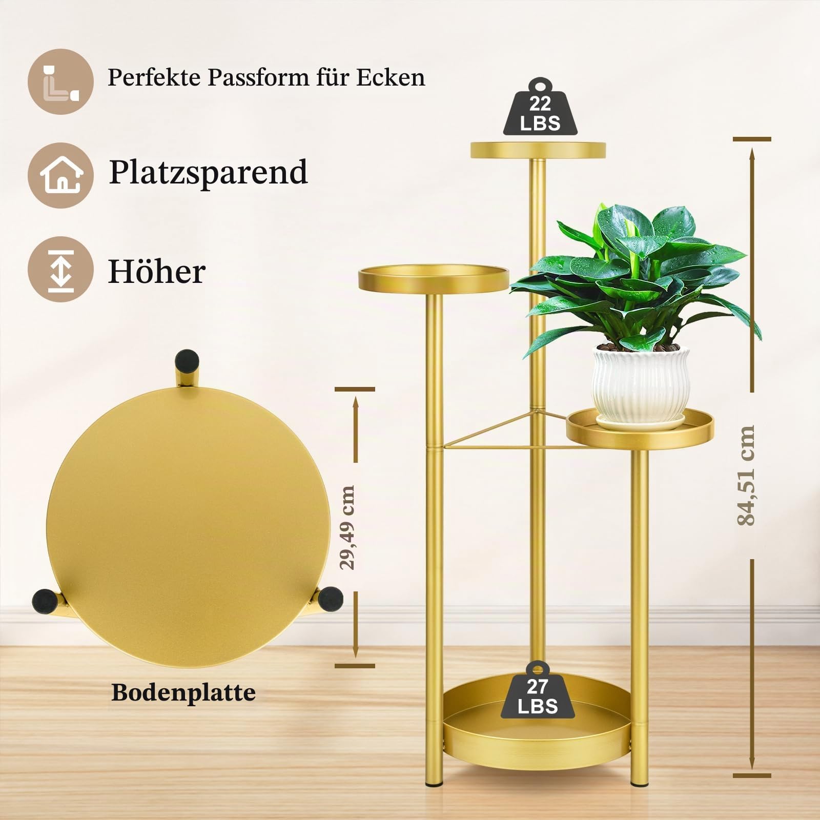 MATEPROX Metall Pflanzenständer für Innen und Außen 4 stufiges, faltbares Regal mit Goldenen Blumentopfhaltern Eck Pflanzregal für Wohnzimmer, Schlafzimmer, Büro und Garten-Gold