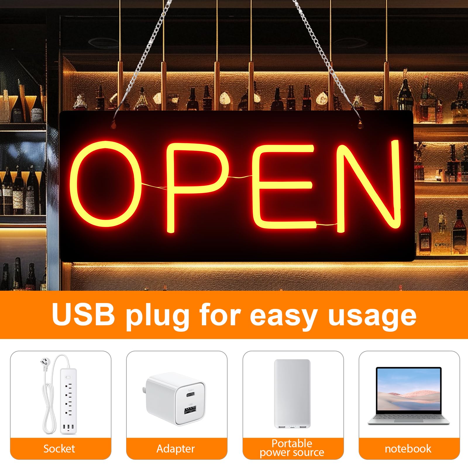 Insegne a LED aperte per affari, apertura e chiusura su entrambi i lati, alimentata da USB 5 V e regolabile luminosa, insegna al neon per vetrine, vetrine, negozi, negozi, fioristi, bar, 39,9 x 17,8