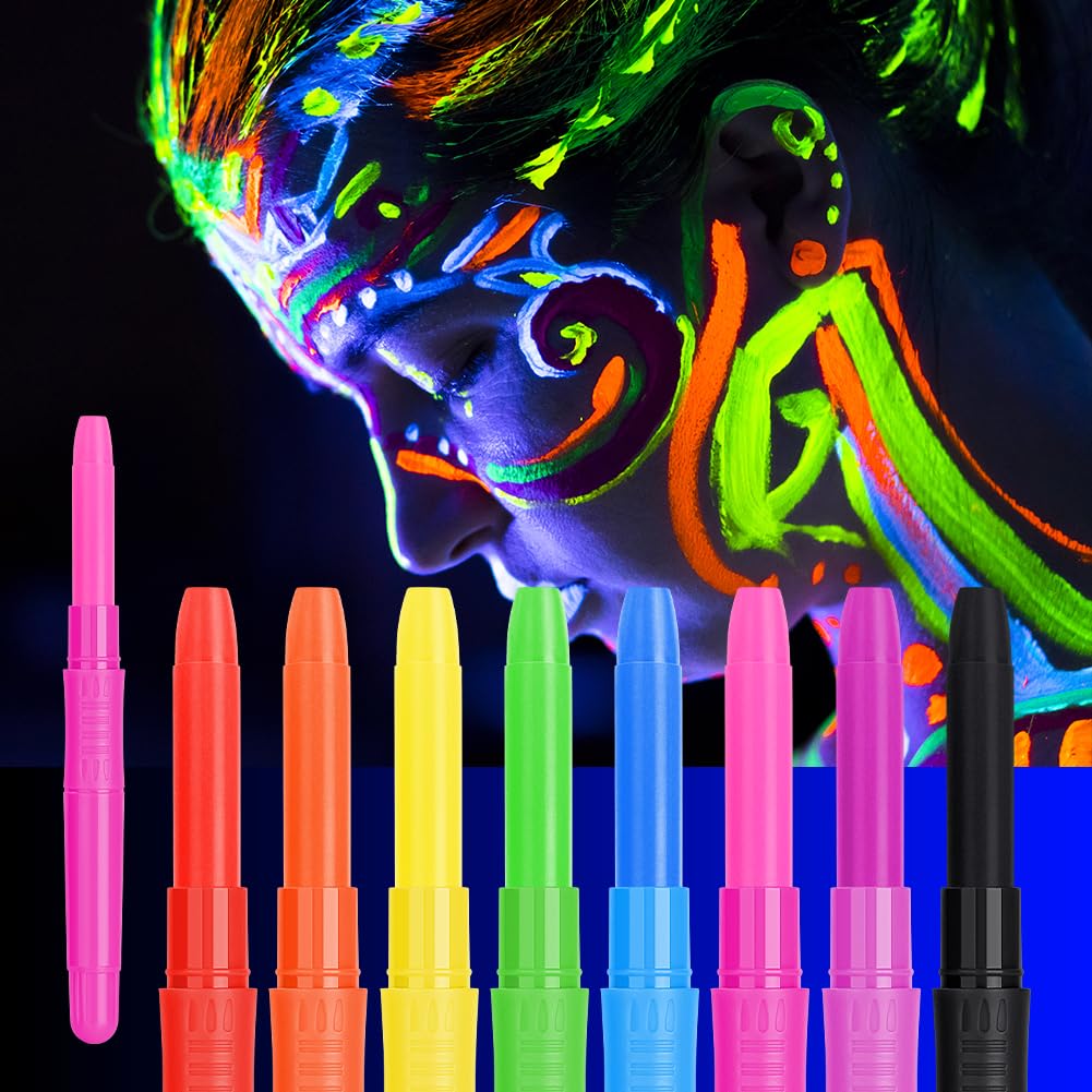 URAQT Farby do twarzy dla dziecko, 8 kolorów fluorescencyjnych UV, bezpieczna nietoksyczna farba do ciała i twarzy, brzucha ciążowego, na Halloween, święta, Cosplay