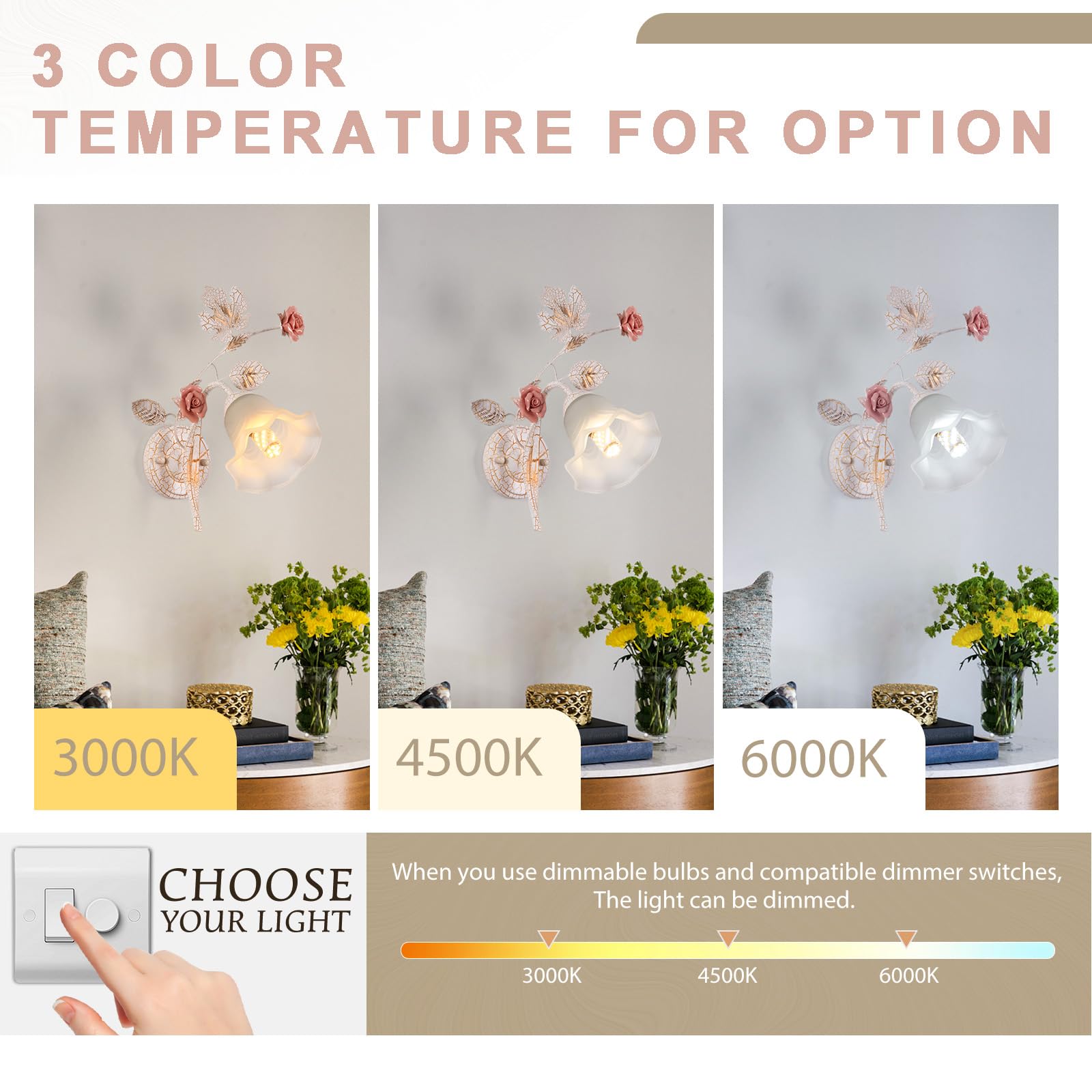 Blumen Wandlampe Innen Vintage,Weiße-Goldene Metal Base Deco Wandleuchte,Flower Lamp mit Glas-Lampenschirm Wall Sconces,Rosa Keramik Lampe Blume Wandleuchte füR Flur,Küche,Esszimmer,1Köpf.