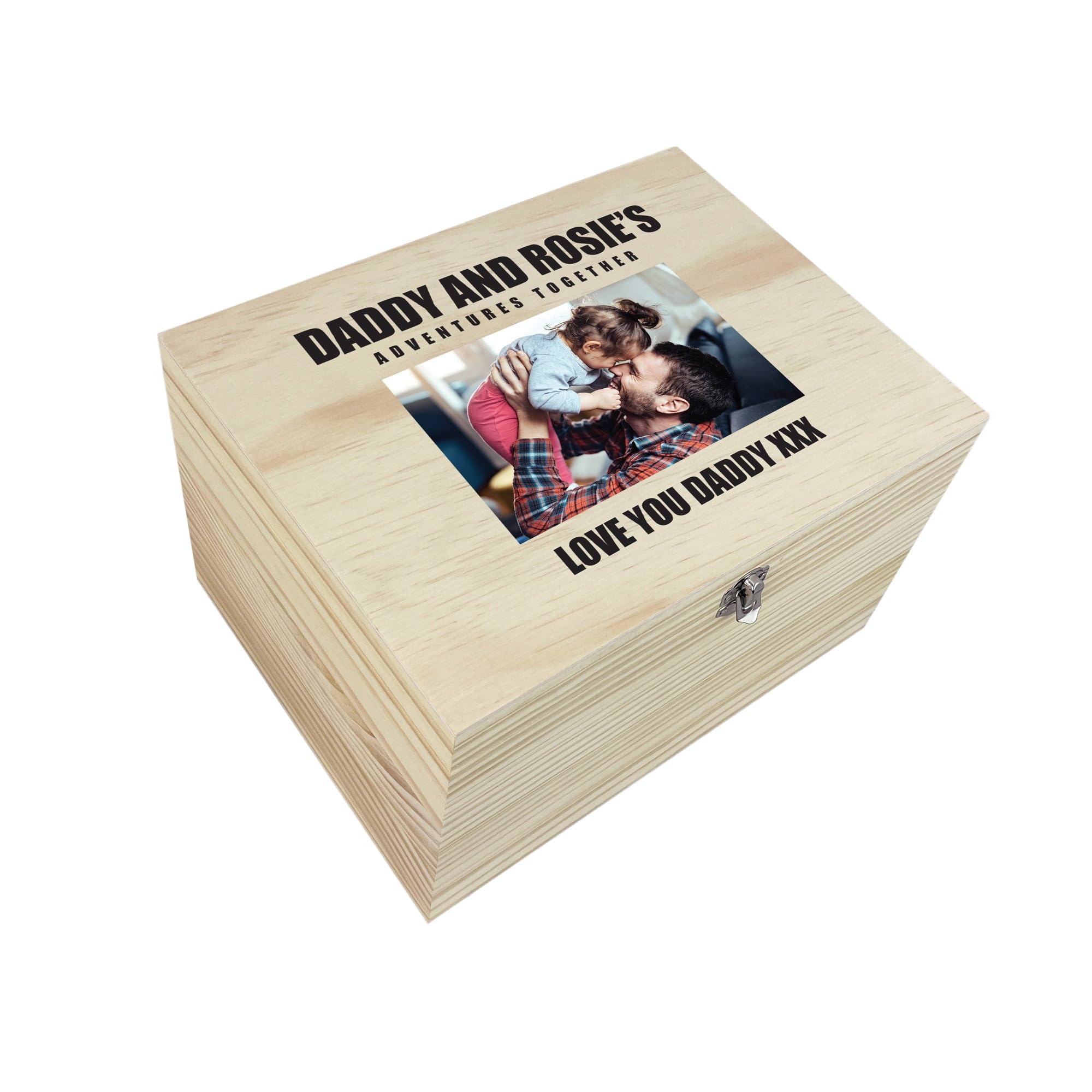Personalised Bold Custom Text Pine Photo Memory Box | Father's Day Gift | Custom Wooden Keepsake Box | Upload Your Own Photo | Metal Hinges & Clasp | W36cm x D27cm x H20cm