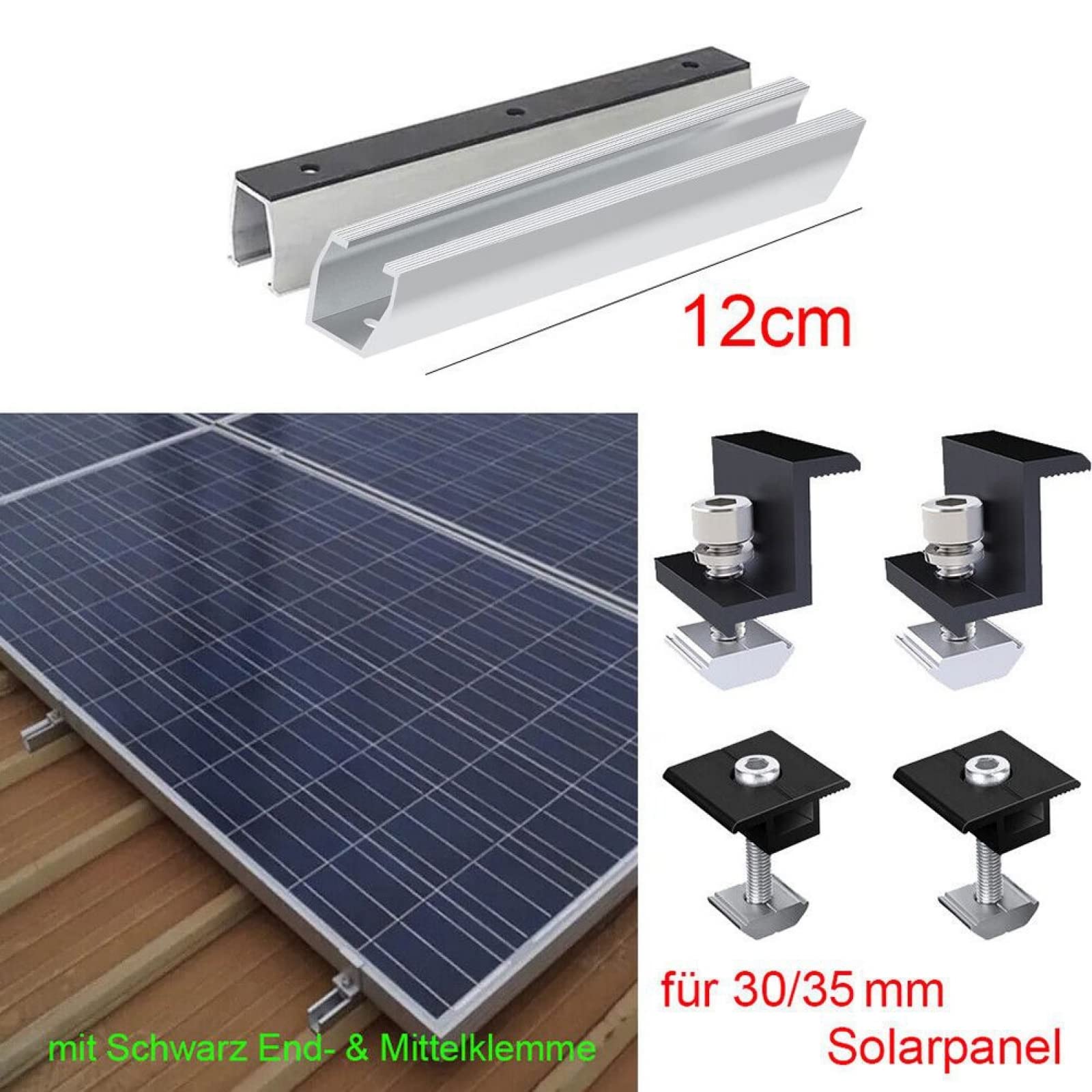 Kit di supporto per pannello solare e accessori, colore nero, anodizzato, supporto per pannelli solari, guida di fissaggio da 12 cm, per pannelli solari, per tetto piatto, montaggio PV