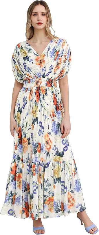 CHICWISH Women Floral Pleated Chiffon Maxi Dress V Neck Short Sleeve Elastic Waisted Flowy Summer Long Dresses