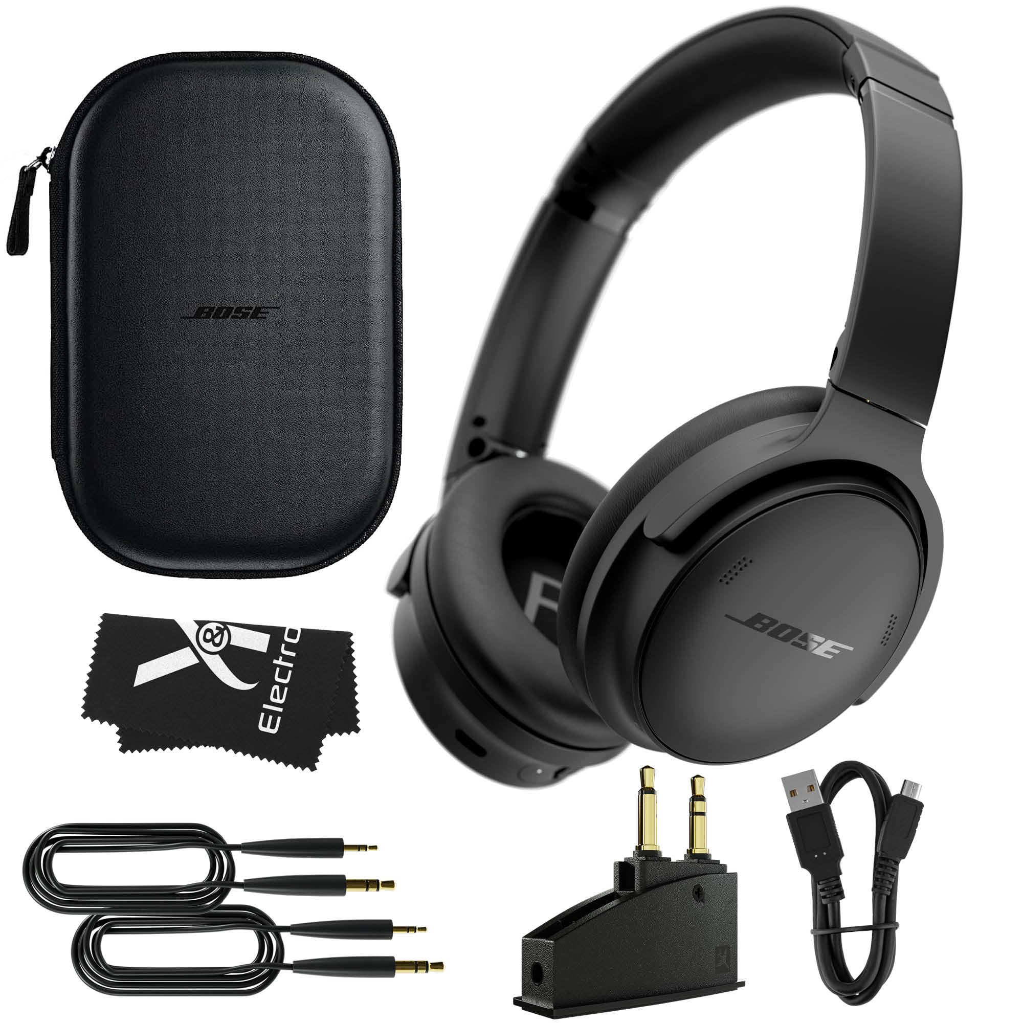 Bose QuietComfort Bundle with QC15 Airplane Jack Adapter and Cable - Wireless Over-Ear Bluetooth Bose Headphones - Noise Cancelling Headphones with Up to 24 Hours of Battery Life (Black)