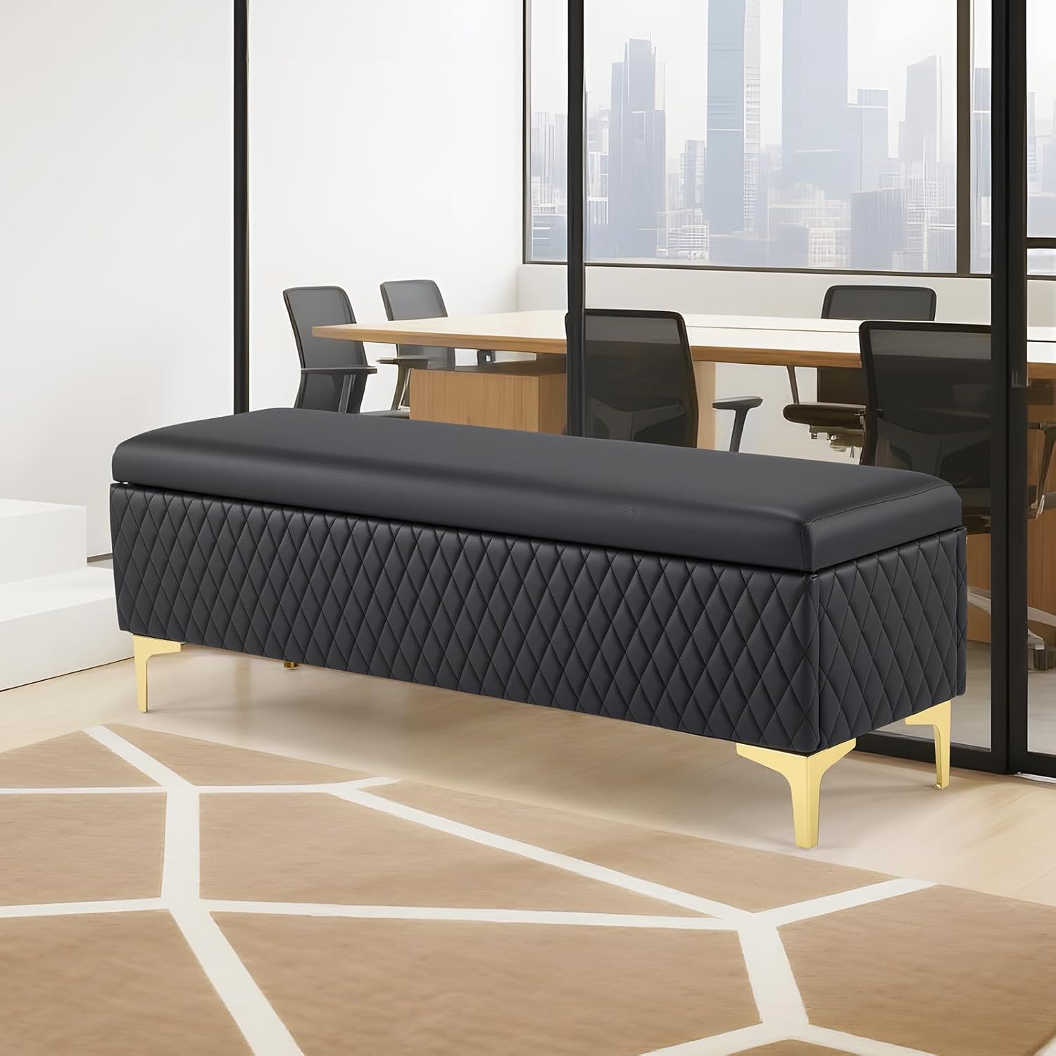 OmySalon Waiting Room Bench with Storage, Faux Leather Office Guest Chair Lobby Seating, Reception Furniture for Small Salon Barbershop Conference Business