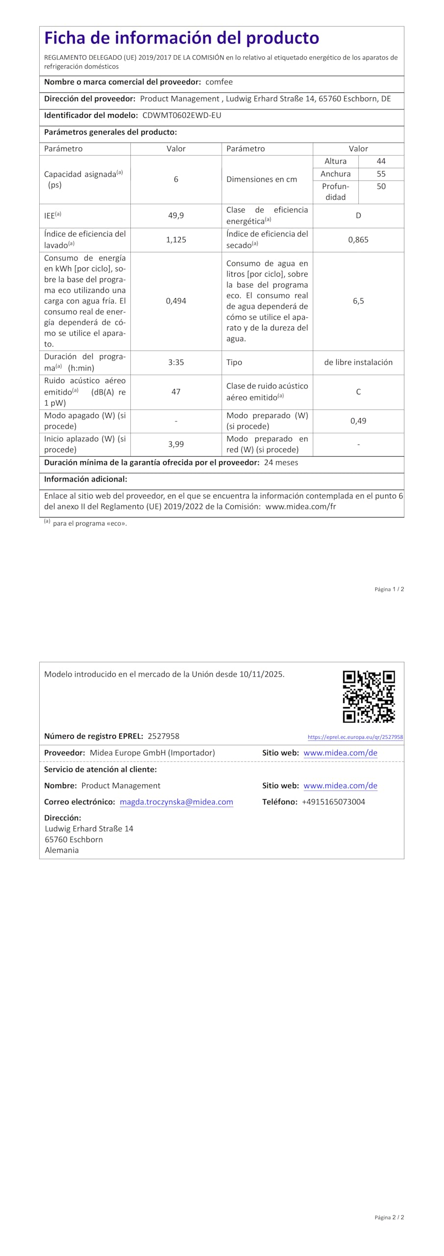COMFEE' CDWMT0602EWD-EU Lavavajillas Compacto, 6 Cubiertos,6 Programas | Ciclo Intensivo 70°C, Inicio Diferido 24H, Apertura Automática, 47dB Silencioso, Clase D, Pantalla LED, Blanco