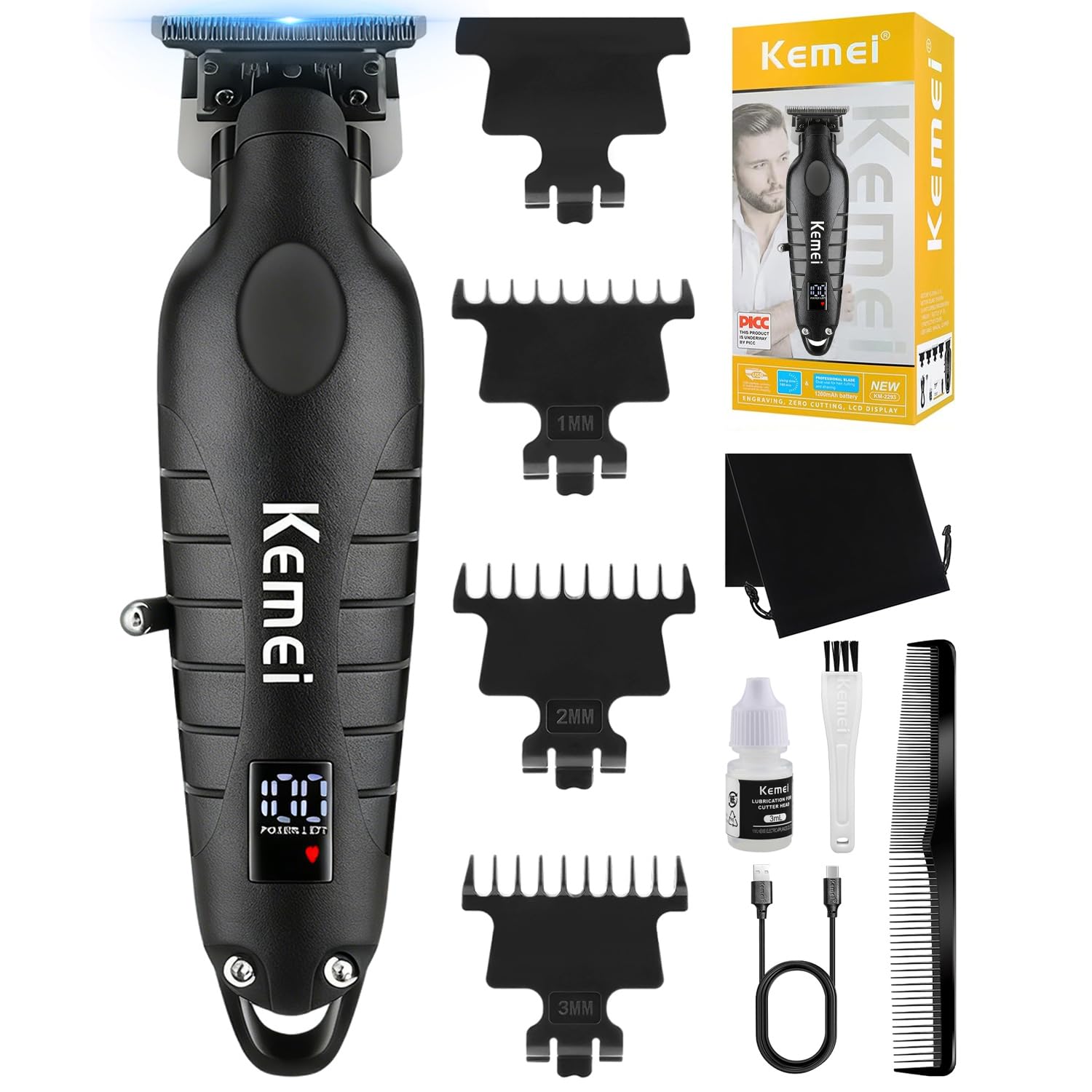KEMEI 2293 Trimmer, Professional Cordless Hair Clipper for Men, Electric Beard Trimmer Men, Zero Gapped T-Blade Hair Trimmer with LED Display