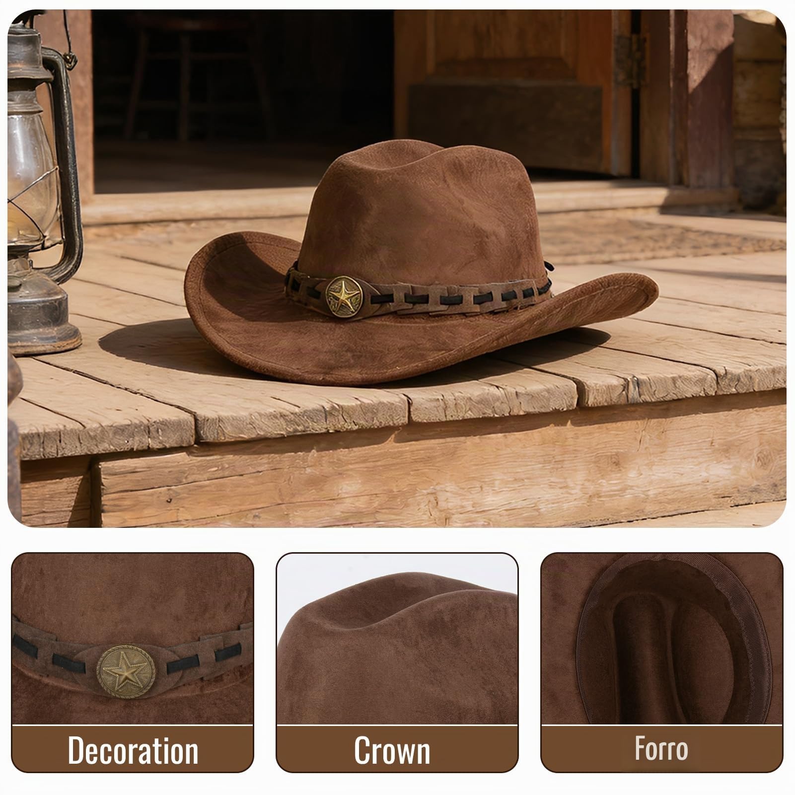 Sombrero de vaquero de ala ancha para hombres y mujeres, de gamuza sintética, estilo vaquero, elegante, ajustable, sombrero de vaquero para exteriores