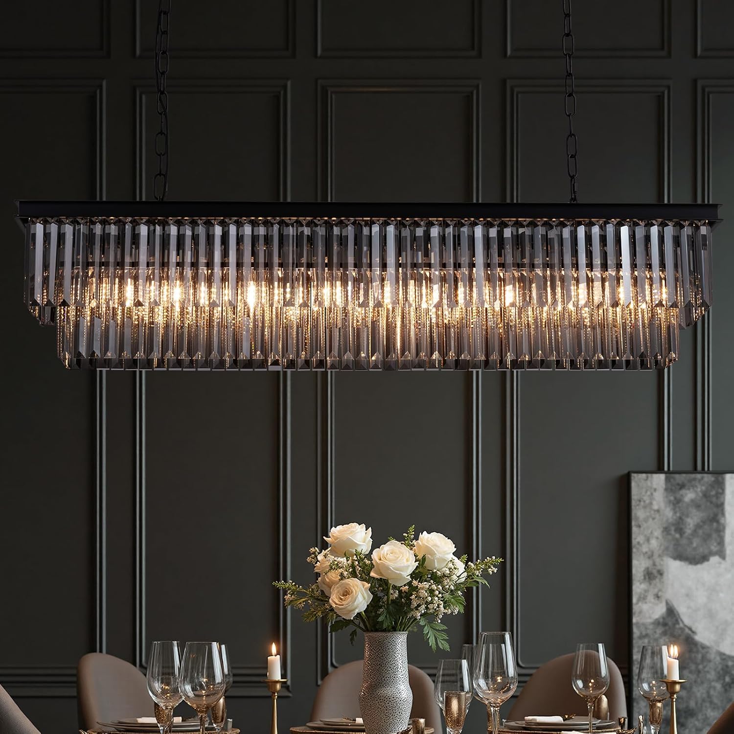 47-inch Rectangle Dining Crystal Chandelier, Hanging Pendant Light with Adjustable 59" Wire, Smoke Gray K9 Crystals, E12 Bulbs Base, Modern Ceiling Light Fixture for Kitchen Island