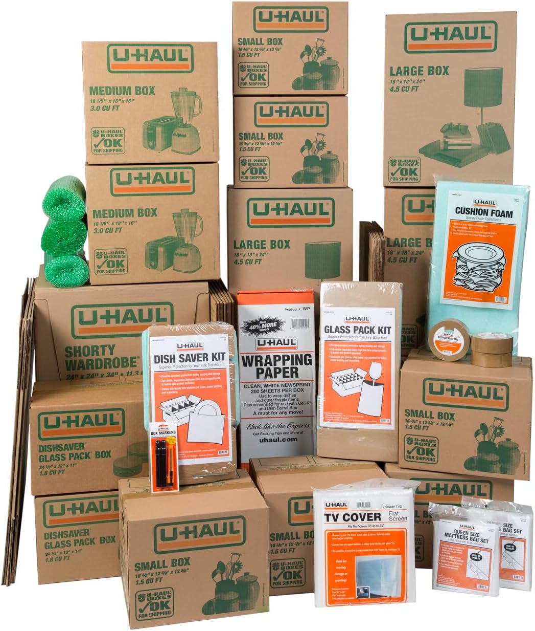 Household Moving Kit - 36 Moving Boxes, 2 Wardrobe Boxes, 2 Dish and Glass Packing Kits, 2 Mattress Bags, Tape, and Assorted Supplies