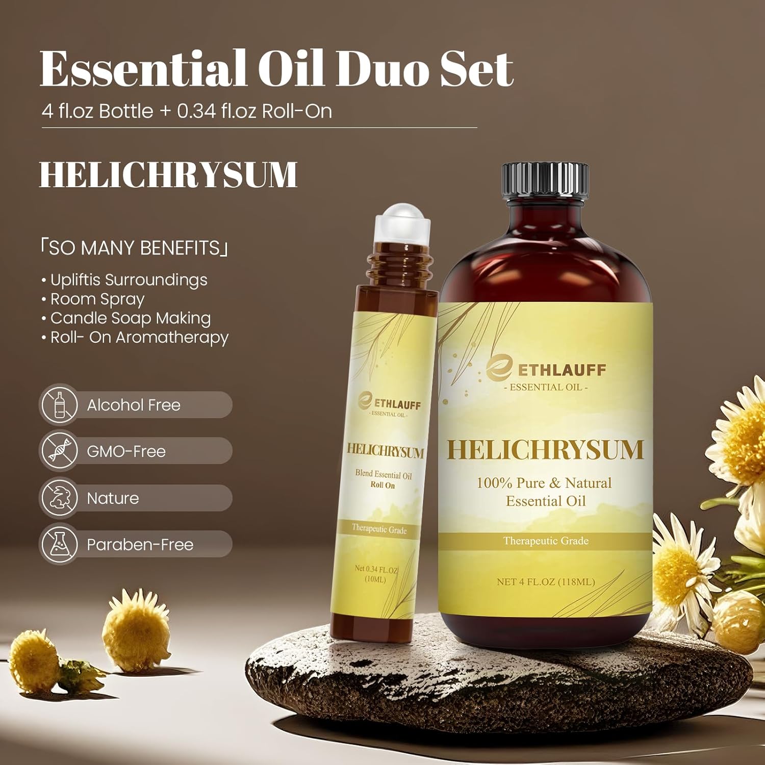 Helichrysum Essential Oil (4 fl.oz Bottle + 0.34 fl.oz Roll-On) — Helichrysum Oils for Aromatherapy, Diffusers, Humidifiers, Home fragrances, DIY Skincare, Candle, Soap Making, Relaxation, Yoga - Image 2