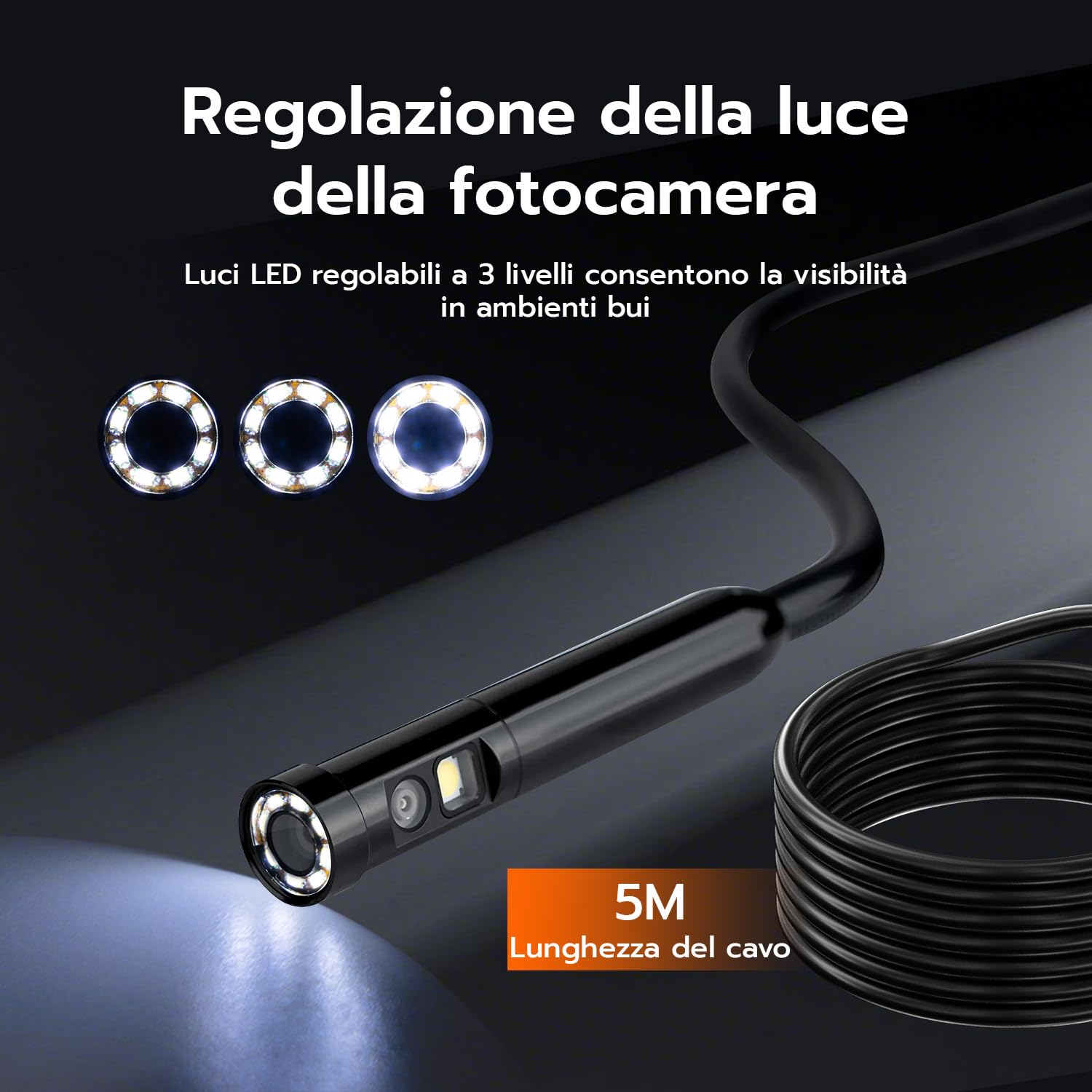 Mcbazel Endoscopio con Luce, 8mm Dual Lens Telecamera Ispezione con Schermo IPS da 4,3 Pollici 1080P HD, Telecamera Endoscopica IP67 Impermeabile con Zoom 3x, 8 LED Regolabili, Cavo Semirigido 5M