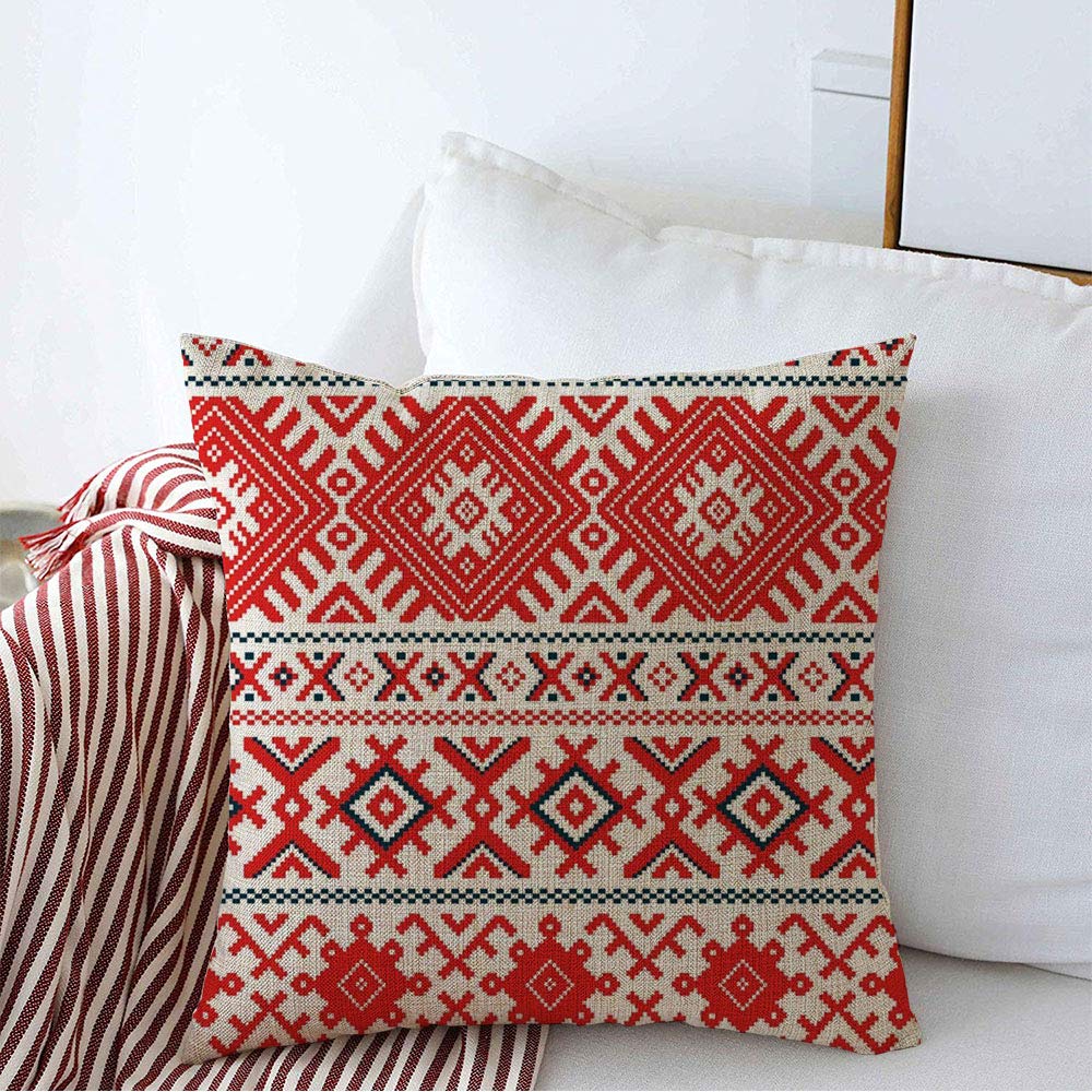 StaromarDecoration Linen Decorative Square Throw Pillow Cover Cushion Cover Belarusian Pattern Slavic Belarus Miscellaneous Elements Fill Love National Ukrainian Old Retro Home Decor for Party 16x16 Inch