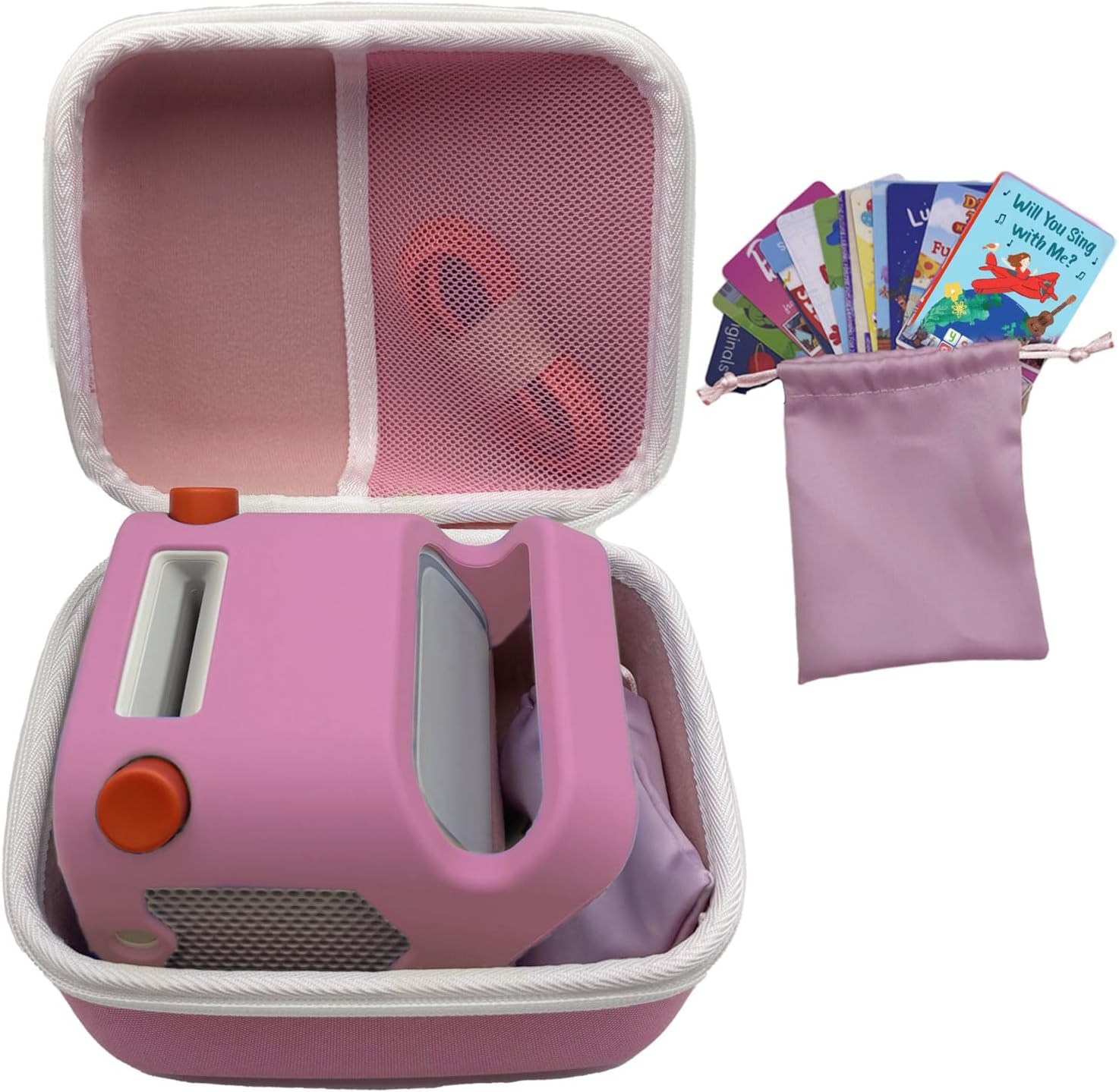 Hard Travel Case Compatible with Yoto Player (3rd Generation) Shockproof Kids Carry Storage Accessories with Card Pouch up to 20 Cards, Pink and White (Case Only)