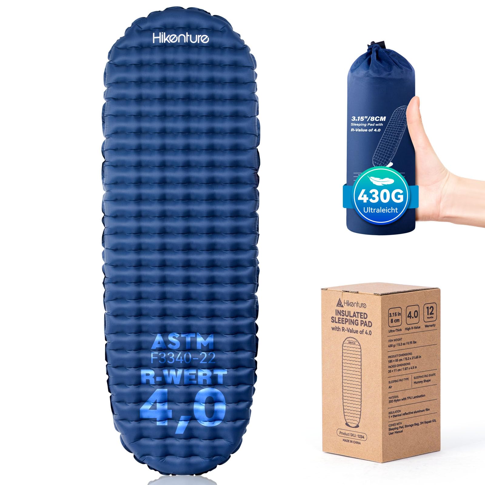 HIKENTURE Karimata kempingowa R-Wert 4, 430 g, ultralekka, 8 cm, bardzo gruba, ciepła mata do spania, nadmuchiwany materac, mały rozmiar po spakowaniu w kształcie mumii, na 4 pory roku, do aktywności