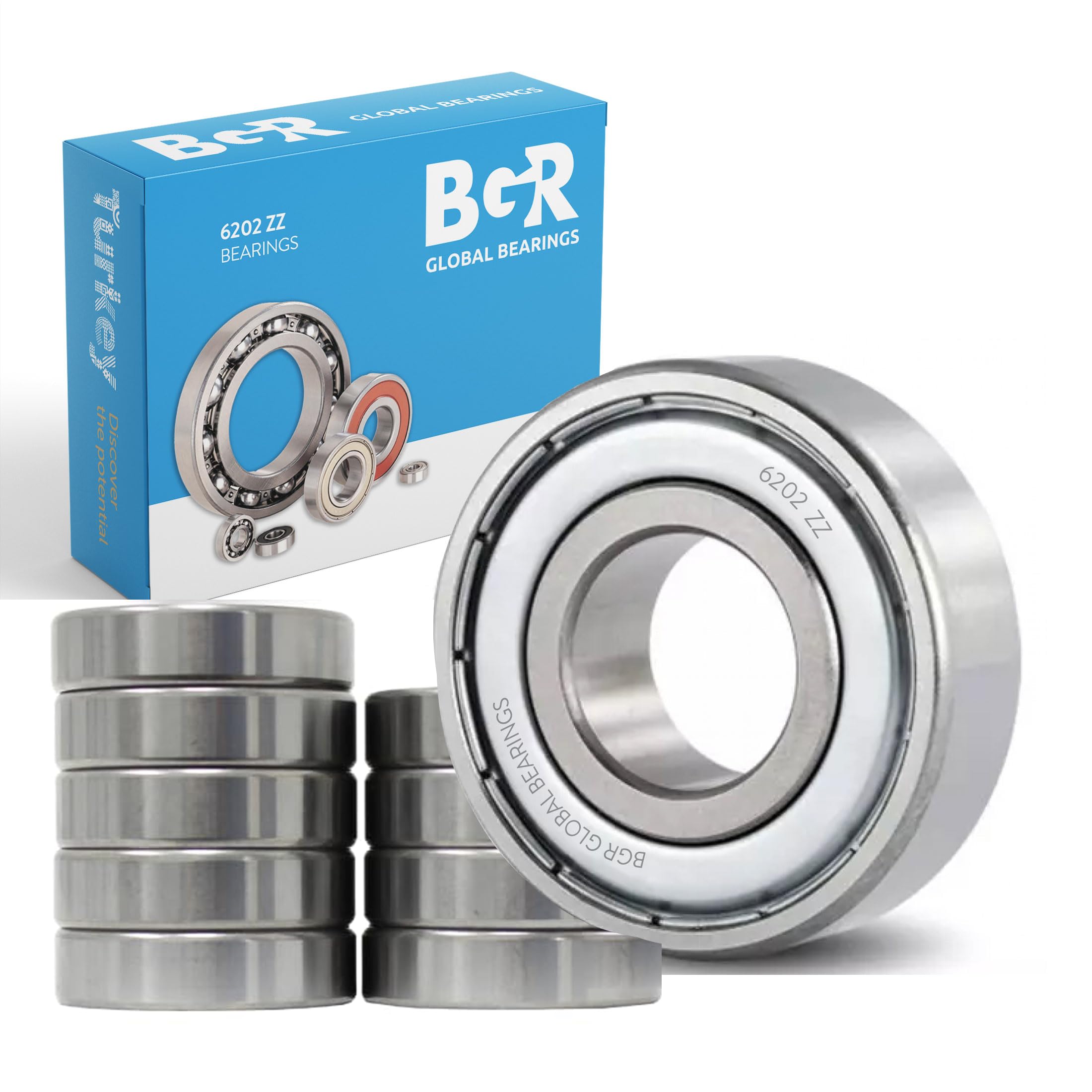 BGR Global Berings 6202-ZZ Bearing (10 Units) - Lubricated Chrome Steel Sealed Ball Bearing - 15x35x11mm Bearings with Metal Shield & High RPM Support