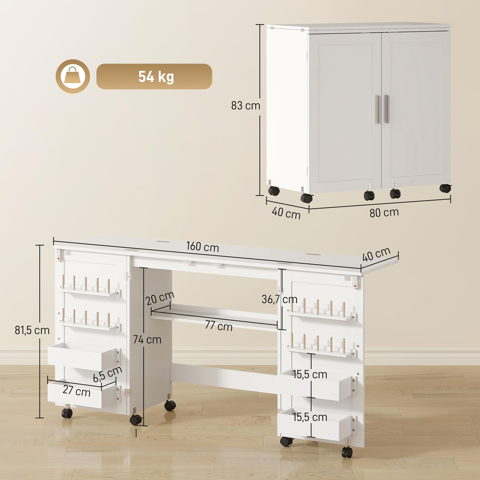 HOMCOM Mesa de Costura Plegable con 6 Ruedas, Mueble para Máquina de Coser con 20 Clavijas para Hilos, 4 Compartimentos, Estante, Armario de Costura para Estudio, Salón, Dormitorio, Blanco