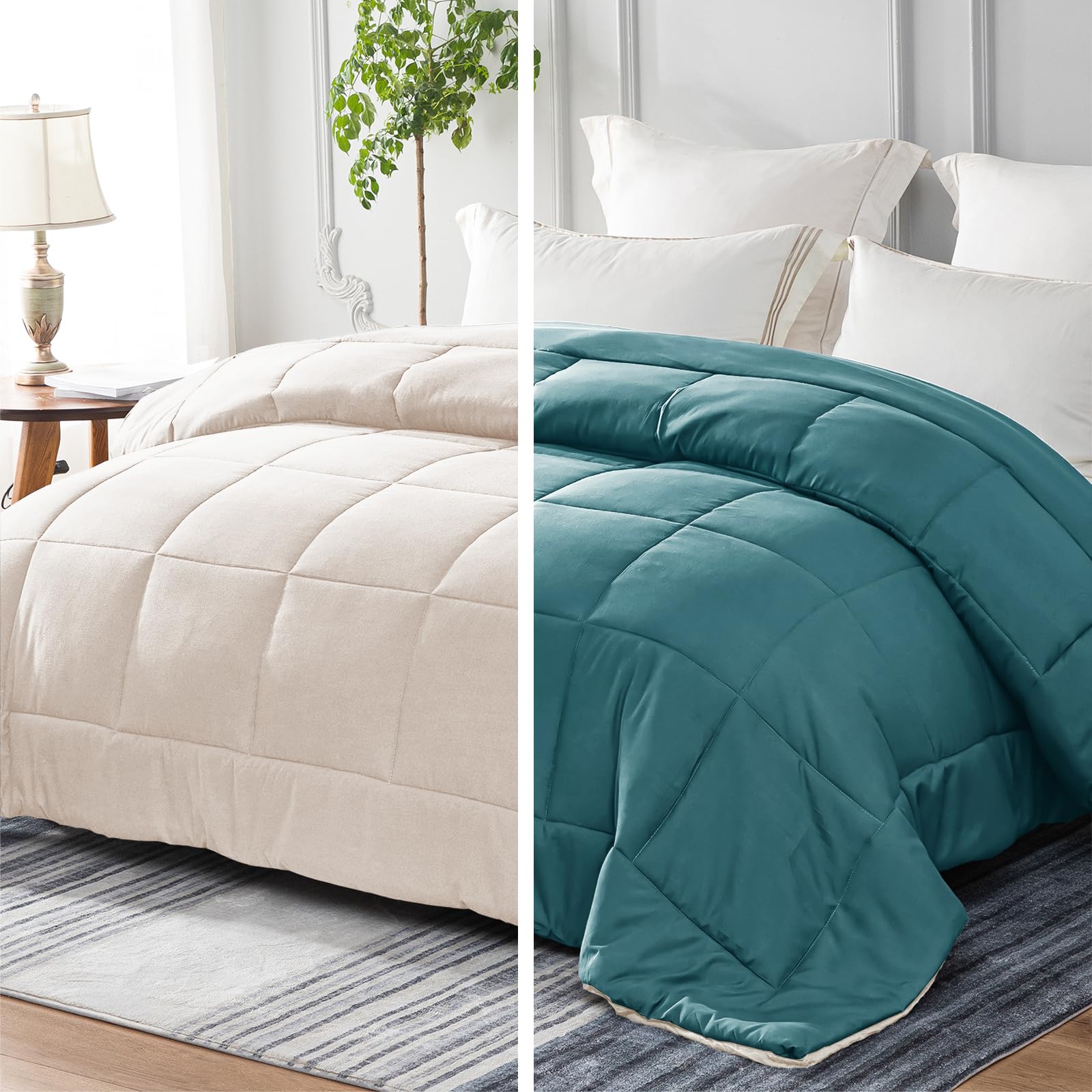 Whale Flotilla Reversible Duvet King Size for All Seasons, 7.5 Tog Down Alternative Box Sitiched Comforter, Lightweight and Machine Washable Bedding Set, 220X240 cm, Dusty Teal,Brich Beige