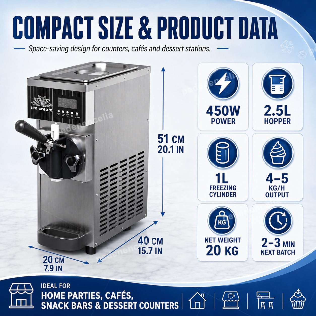 Maszyna do lodów Soft Serve, 450 W pojedynczy ekspres do smaku z pojemnikiem 2,5 l, pierwsza partia 10-13 min, sterowanie LCD, automatyczne czyszczenie, idealna na imprezy domowe