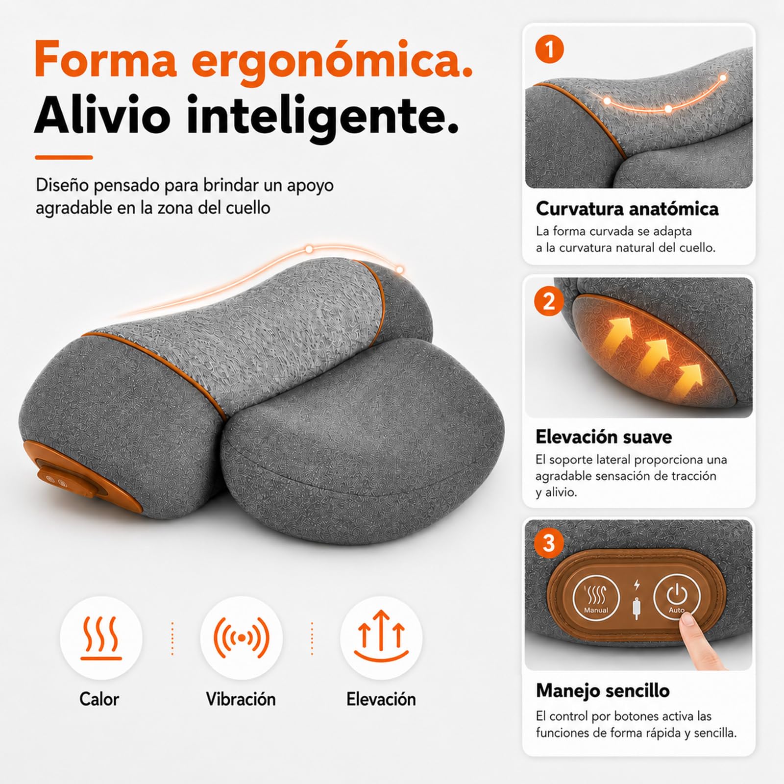 Cerviflex Almohada Cervical, Cerviflex Almohada Cervical Masaje 3 en 1, Masajeadora con Calor, Cervicales y Cuello con Vibración, Elevación Ajustable y 3 Modos (Gris)