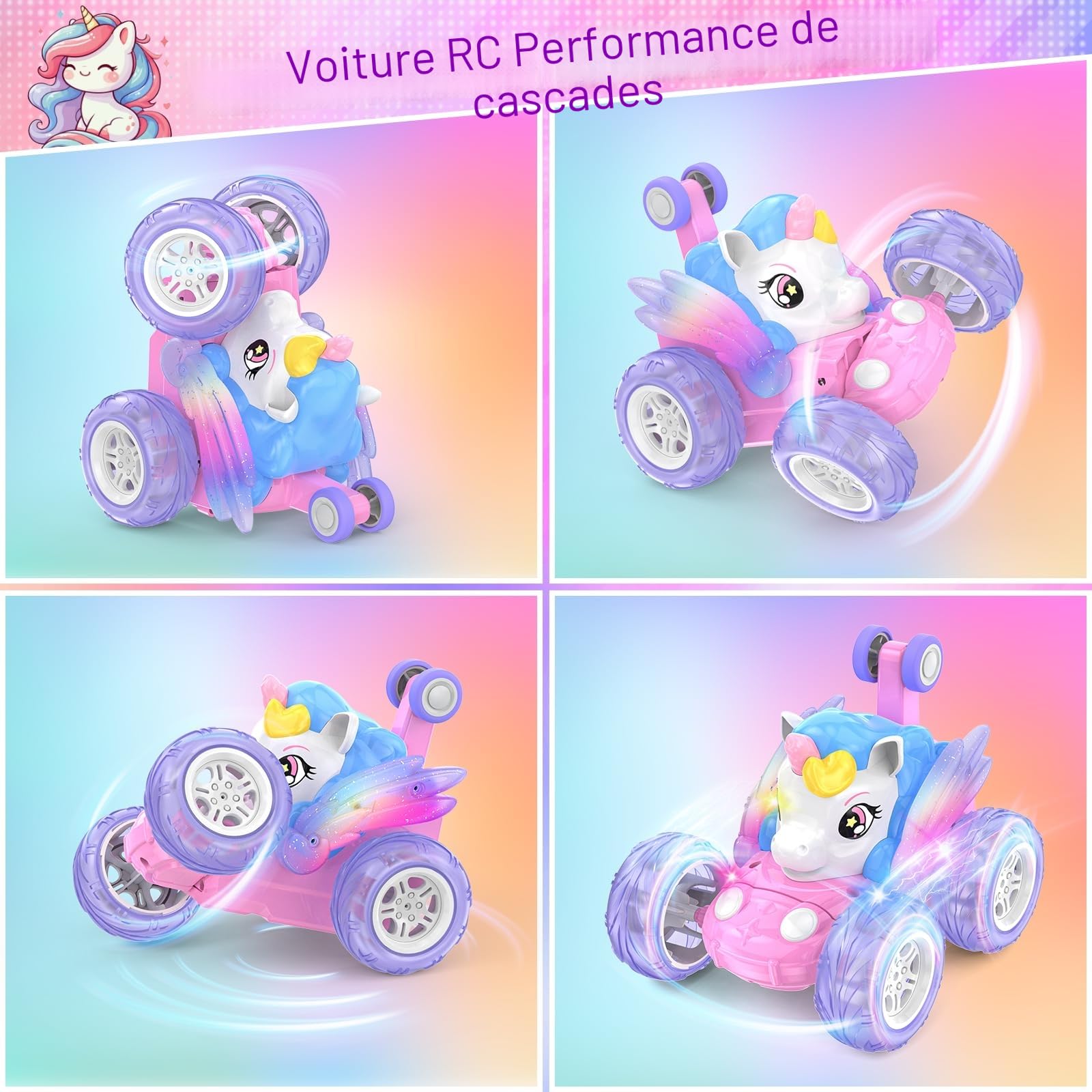 Voiture Télécommandée Fille Licorne Jouet Enfant 3 4 5 6 7 8 9 Ans Fille Voiture Cascadeuse Téléguidé 360° Rotation avec Ailes Brillantes Monster Truck Crawler Car Jeux Filles Cadeau Anniversaire Noël