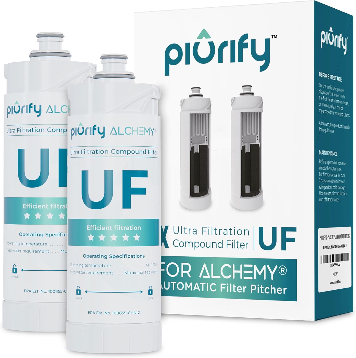 2-Pack Replacement UF+ Carbon Filters for ALCHEMY Automatic Filter Pitcher - 1 Year Supply