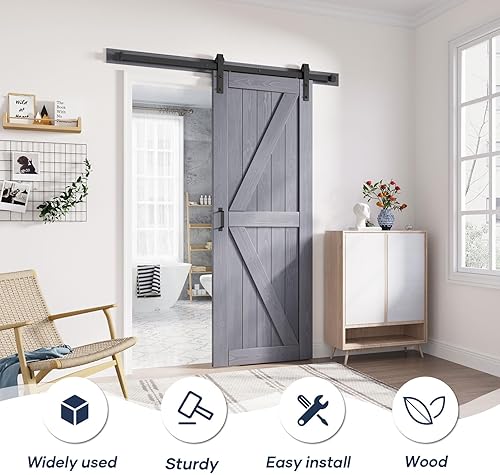 Miniatura 2 de FREDBECK Tablón de Puerta de Granero de Madera Gris de 30 x 84 pulgadas con Kit de Riel de Herrajes para Puerta de Granero de 5 pies (60 pulgadas)