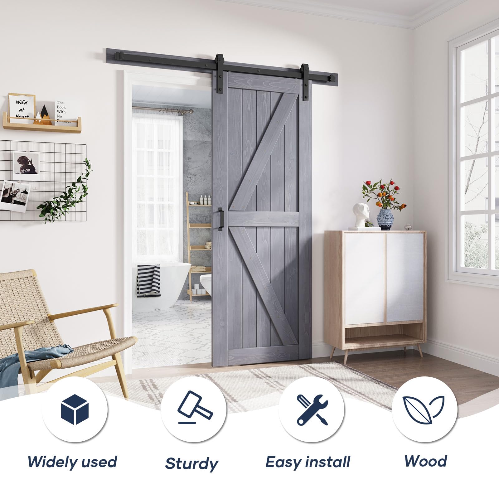 Condition photo showing New/Like New for (2.) FREDBECK 32in x 84in Gray Wood Barn Door Slab with 5.5ft (66inch) Barn Door Hardware Track Kit Included, Double Surfaces,Simple Assembly is Required,K-Frame,Grey (BID IS PER DOOR, LOT IS FOR 2 DOORS TOTAL.)