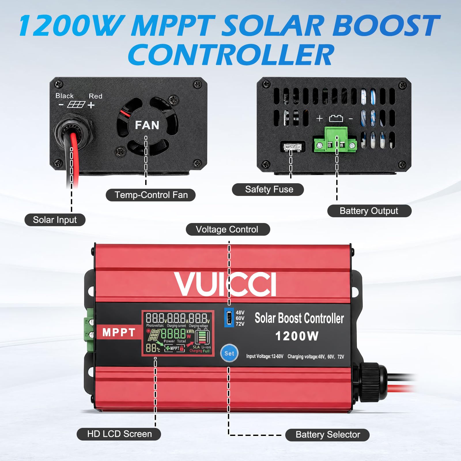 Controlador de carga solar MPPT de 30 A, 1200 W, 48 V/60 V/72 V, máximo 15 A para plomo-ácido y LiFePO4, 99% de seguimiento, 98% de eficiencia, controlador de carga de panel solar para