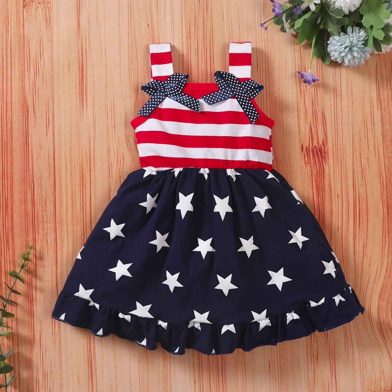 Toddler Baby Girls 4th of July Outfit Straps Bowknot Stars Striped Dress Summer Independence Sundress