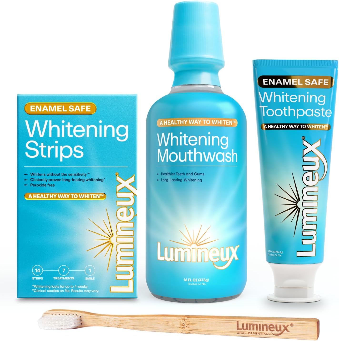 Teeth Whitening Kit Peroxide Free Enamel Safe for Whiter Teeth Includes 7 Whitening Treatments, 1 Mouthwash, 1 Toothpaste & 1 Bamboo Toothbrush, Dentist Formulated