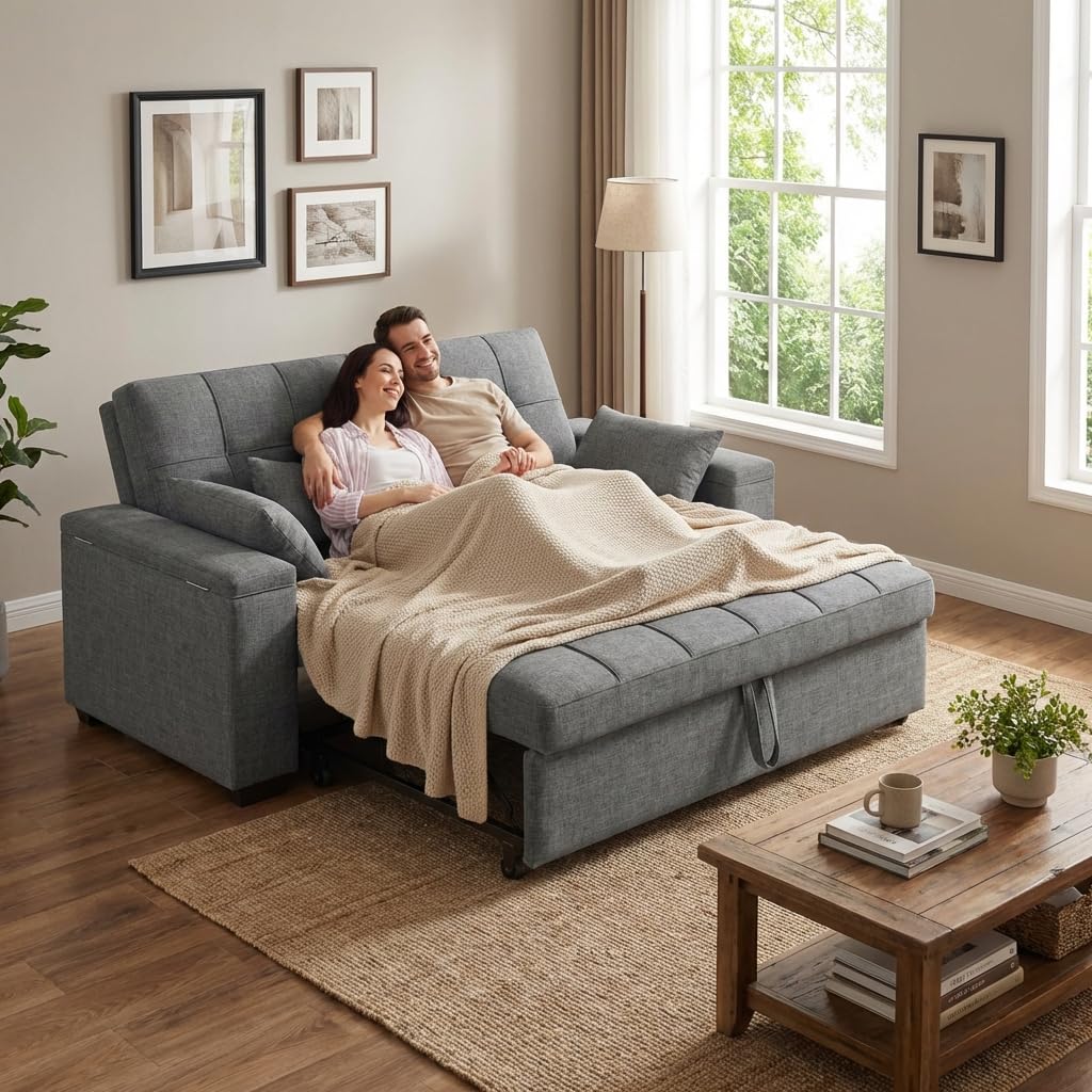 Gizoon 63.6'' Sleeper Sofa 3 in 1 Sofa Bed Convertible Loveseat Small Couch | Futon Sofa Bed for Small Spaces Apartment Living Room, Storage Armrests & 5 Adjustable Backrest, Dark Grey