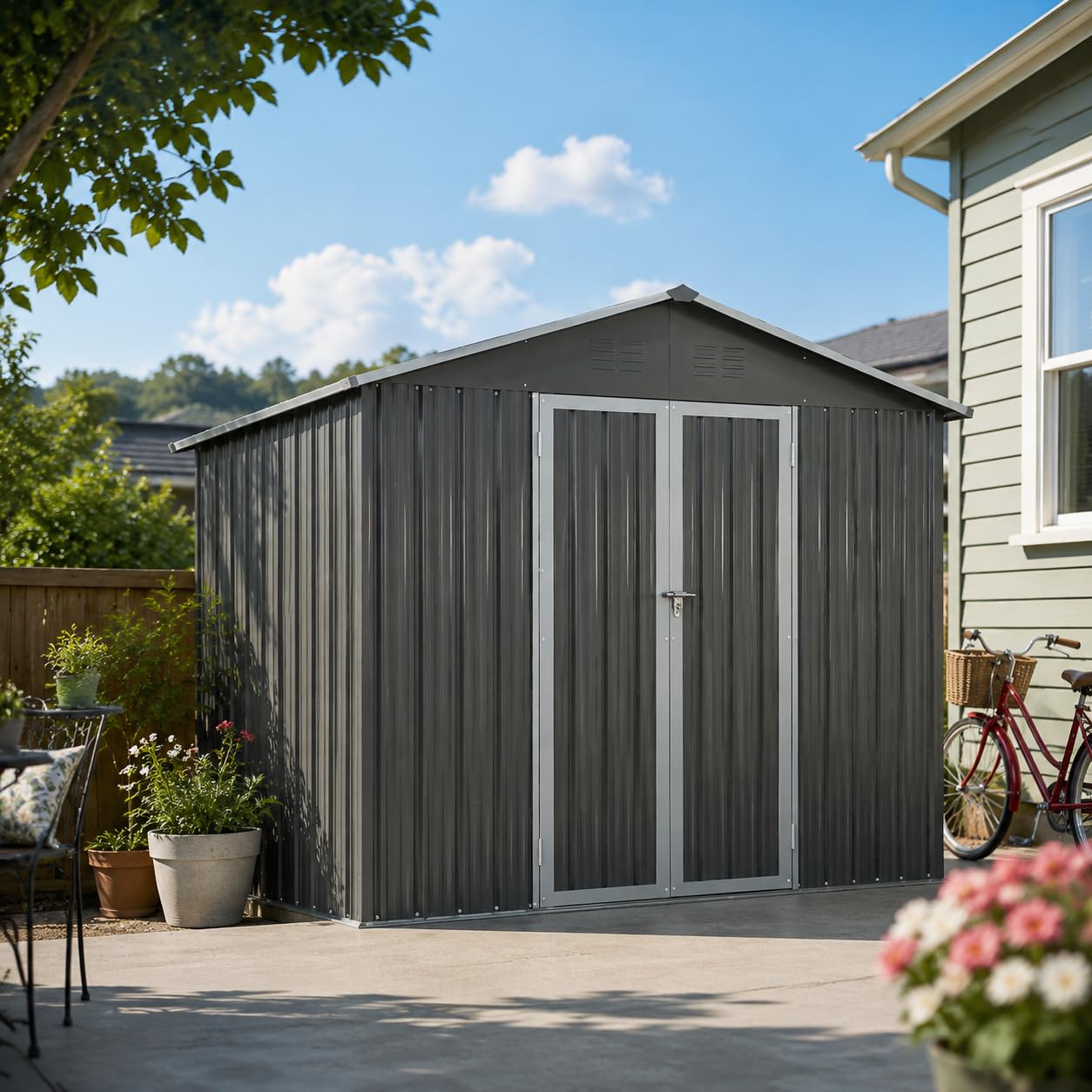 Abri de jardin en métal 7,46 m² avec toit pointu cadre de sol gris