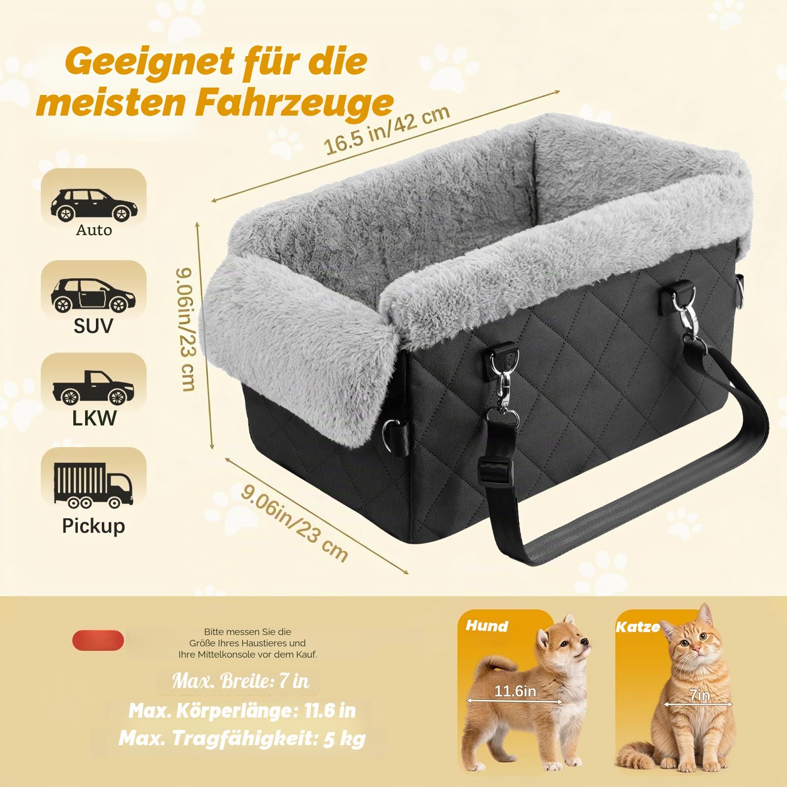 VavoPaw Verbessert Hundesitz für Mittelkonsole, rutschfest Hunde Autositze für Mittelkonsole mit starker Stütze, Einbruchschutz Haustierbett für Welpen, Kleine Hunde, Katzen unter 11 Pfund, Schwarz