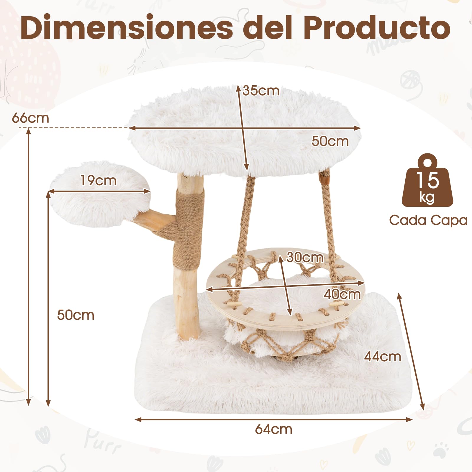 COSTWAY Árbol Rascador para Gatos Moderno, Marco de Madera Peral, 66 cm Torre para Gatitos con Cuna Colgante, Arbol Gatos con Plataforma Acolchada, Cojín de Peluche Suave, Poste de Yute, Blanco