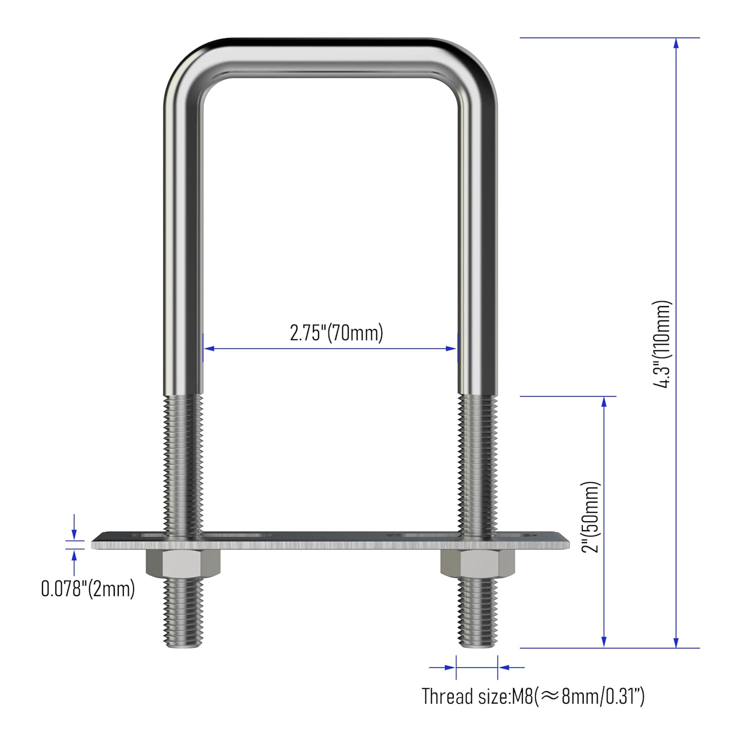 4 Sets 304 Stainless Steel Square U-Bolts 2.75"(70mm) Inner Width, 4.33"(110mm) Length Stainless with M8 Nuts, Frame Plate, Accessories for Automobiles Trailer, Boat Trailer Industrial Parts