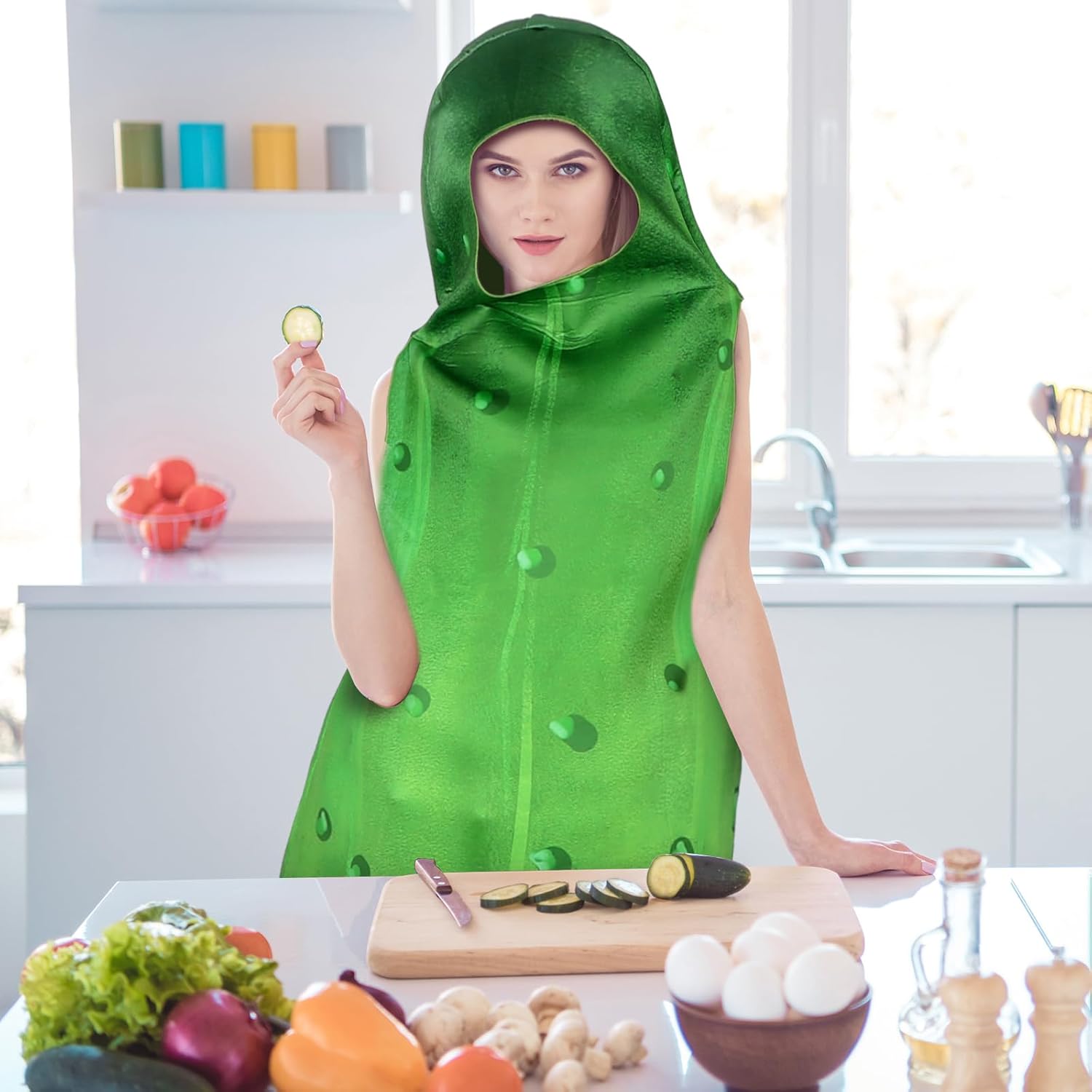 Retisee 2 Pcs Pickle Halloween Costume Green Cucumber Jumpsuit Costume Giant Vegetable Tunic Costume with Pickle Tote Bag for Gift Men Women Trick or Treating, One Size - Image 4