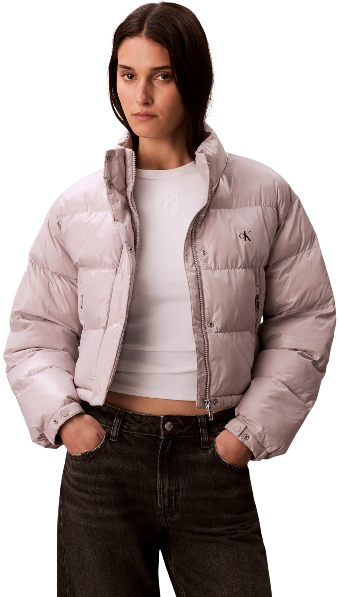 Calvin Klein Jeans Women's Purple Winter Jackets, M, Shine Crop Puffer Jacket