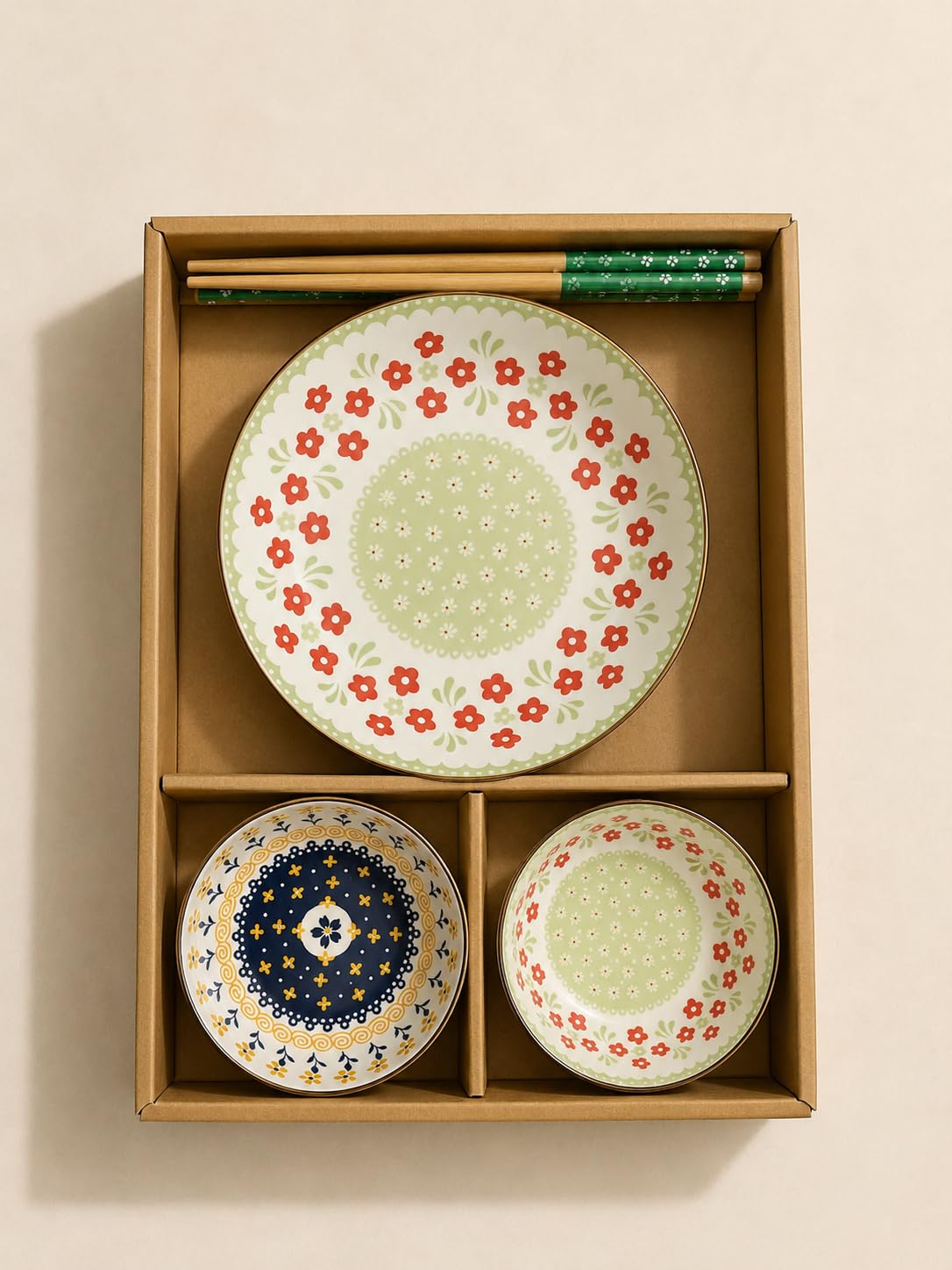 Premium Ceramic Dinnerware Gift Set (6 Pieces) | 1 Dinner Plate, 2 Ceramic Bowls & 2 Pairs of Chopsticks | Microwave & Dishwasher Safe | Floral Japanese Style | Gift Box-image-46