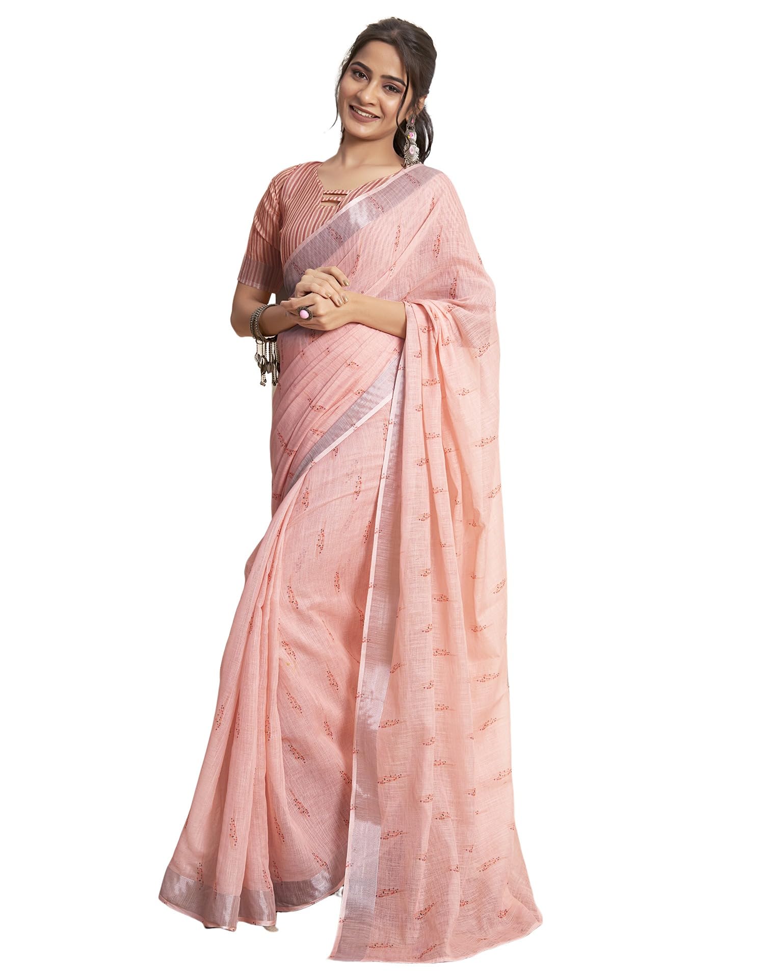 Women's Cotton Printed Zari Striped Ready to Wear One Minute Saree With Unstitched Blouse Piece
