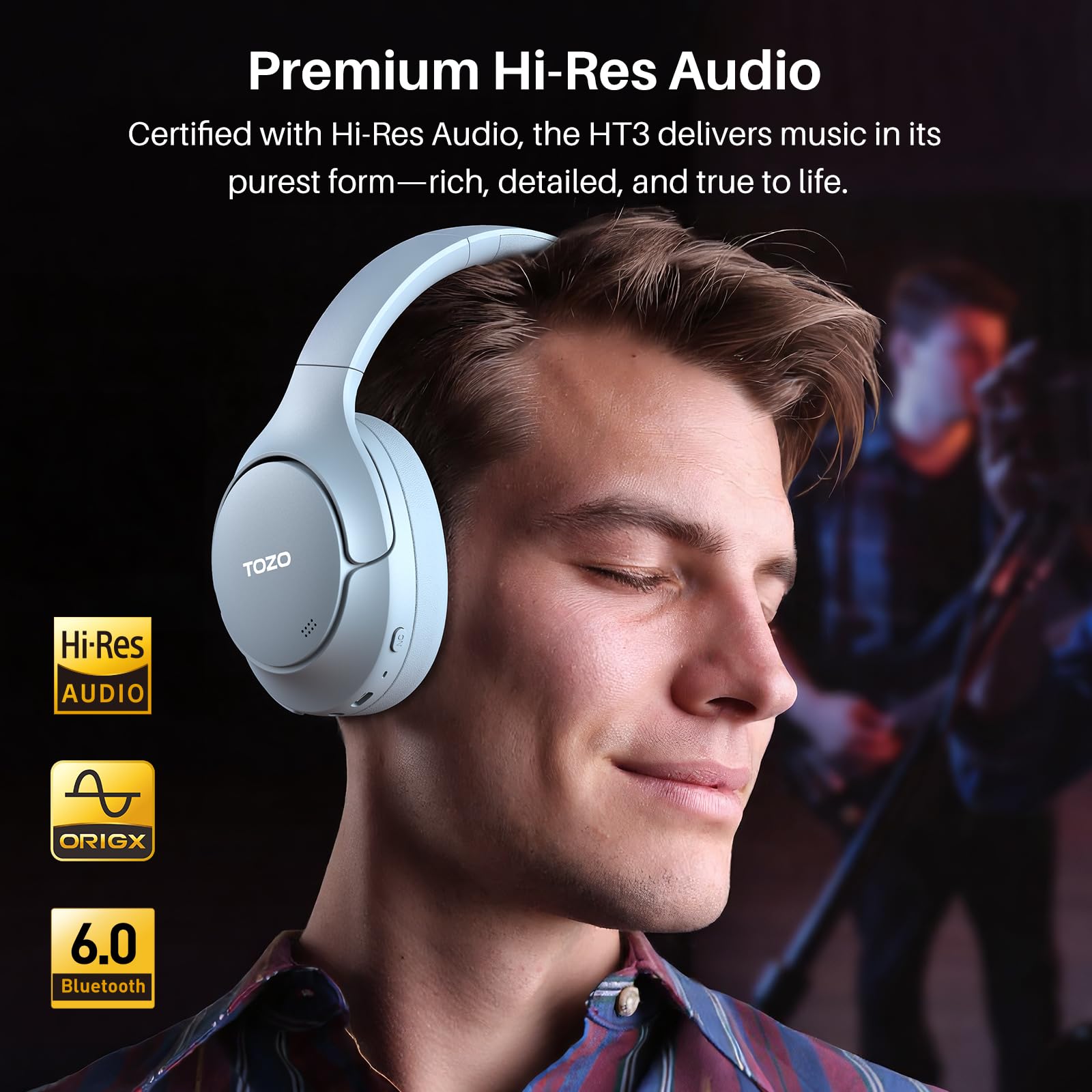 TOZO HT3 Hybrid Noise Cancelling Wireless Headphones, 90H Over Ear Headset view 6