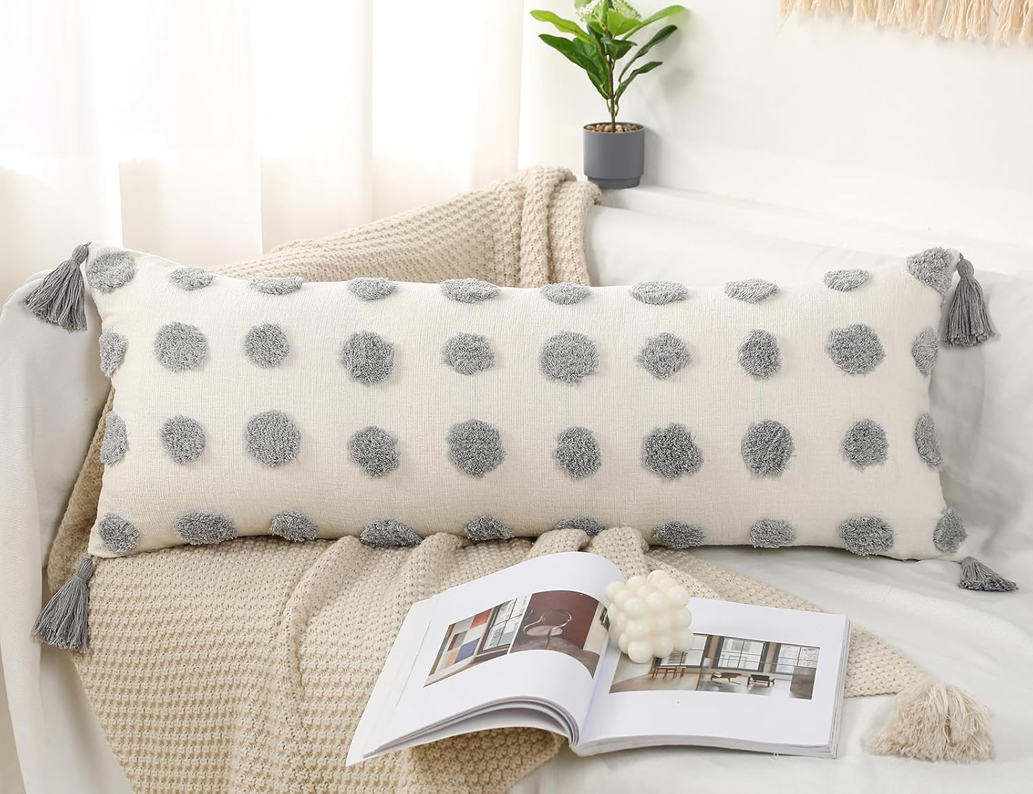 PANOD Decorative Long Lumbar Pillow Cover 14x36 Boho,Super Soft Chenille Extra Long Lumbar Pillow Case Cover with Tassel for Bed Sofa Couch Farmhouse Livingroom,Grey,Modern Skinny - Image 2